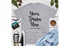 Fall Gildan 64000 Tshirt Mockup Heather Grey Shirt Flat Lay Product Image 1
