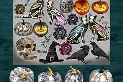 Halloween spooky clipart with skeleton cats, witch skull Product Image 2