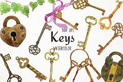Watercolor Keys Clipart, Lock and Key, Vintage Key Product Image 1
