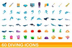 60 diving icons set, cartoon style Product Image 1