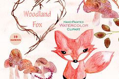 Cute Watercolor Woodland Fox Baby Animal Mushrooms Rustic Nature Clipart Set &amp; Digital Background Papers Product Image 6