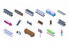 Railway platform icons set, isometric style Product Image 1