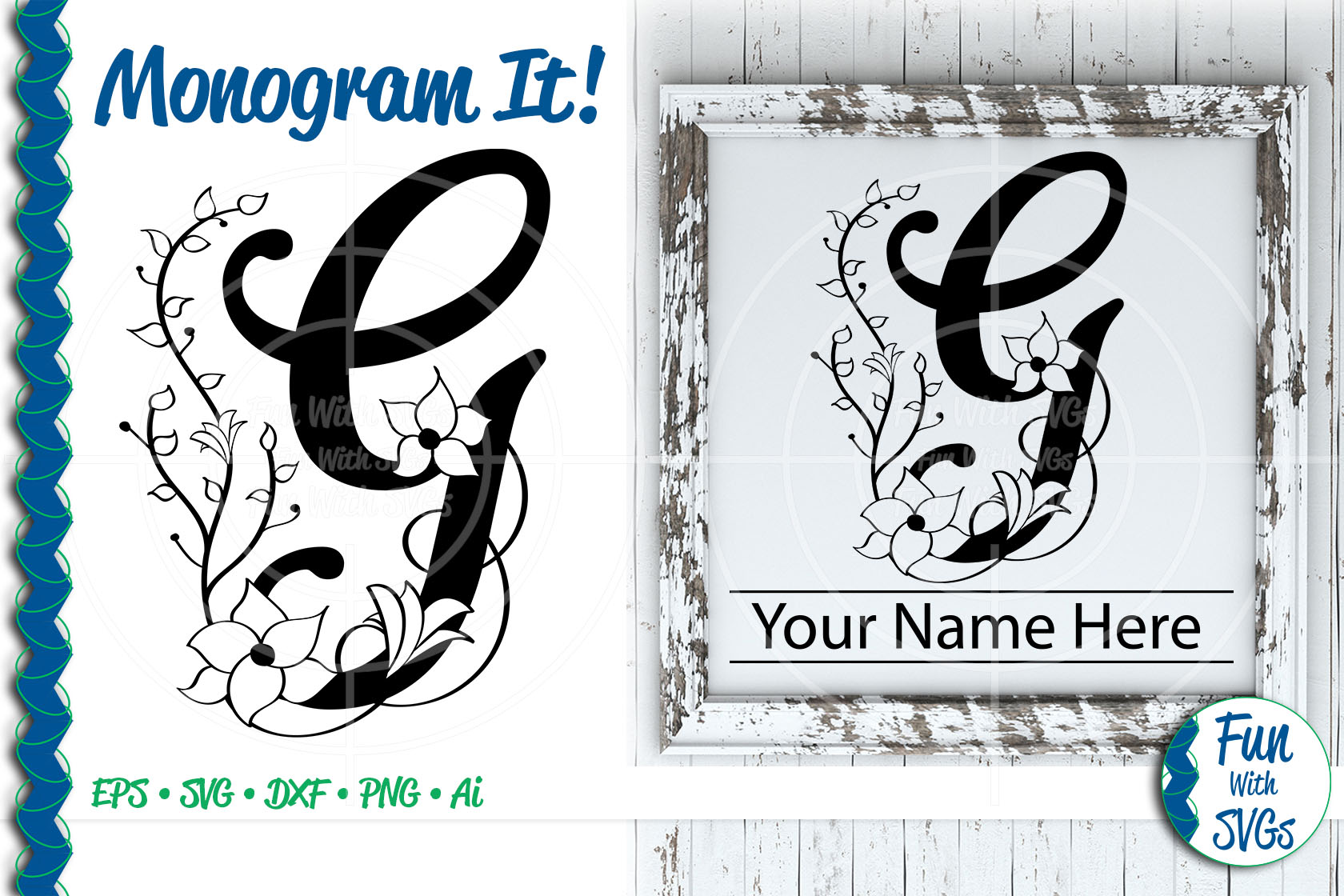 Download SVG Monogram Letter G, Vector, Cut File, Clip Art, FWS356