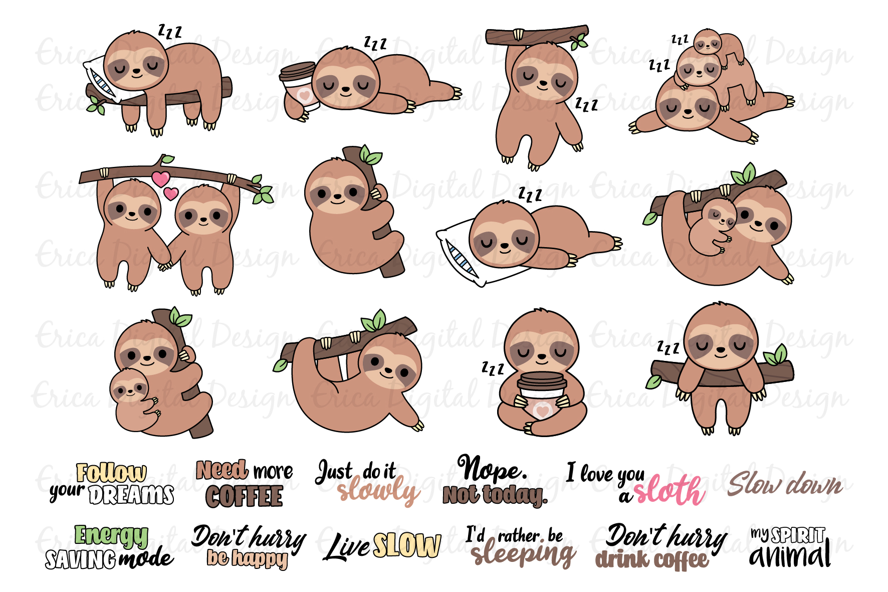 Sloths clipart set - 12 Sloth images & 12 texts - Bundle