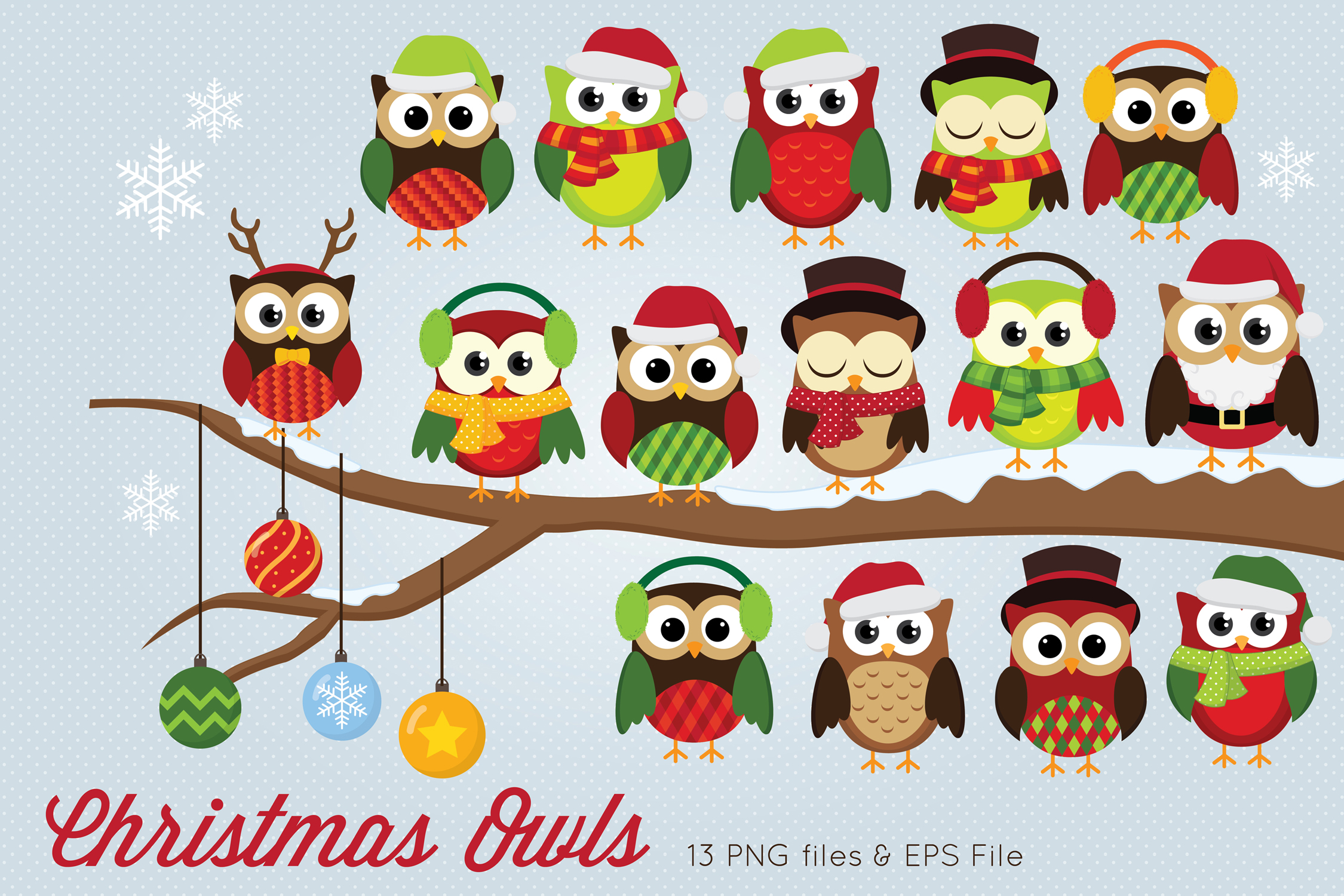Christmas Owls Clipart (350374) | Illustrations | Design Bundles