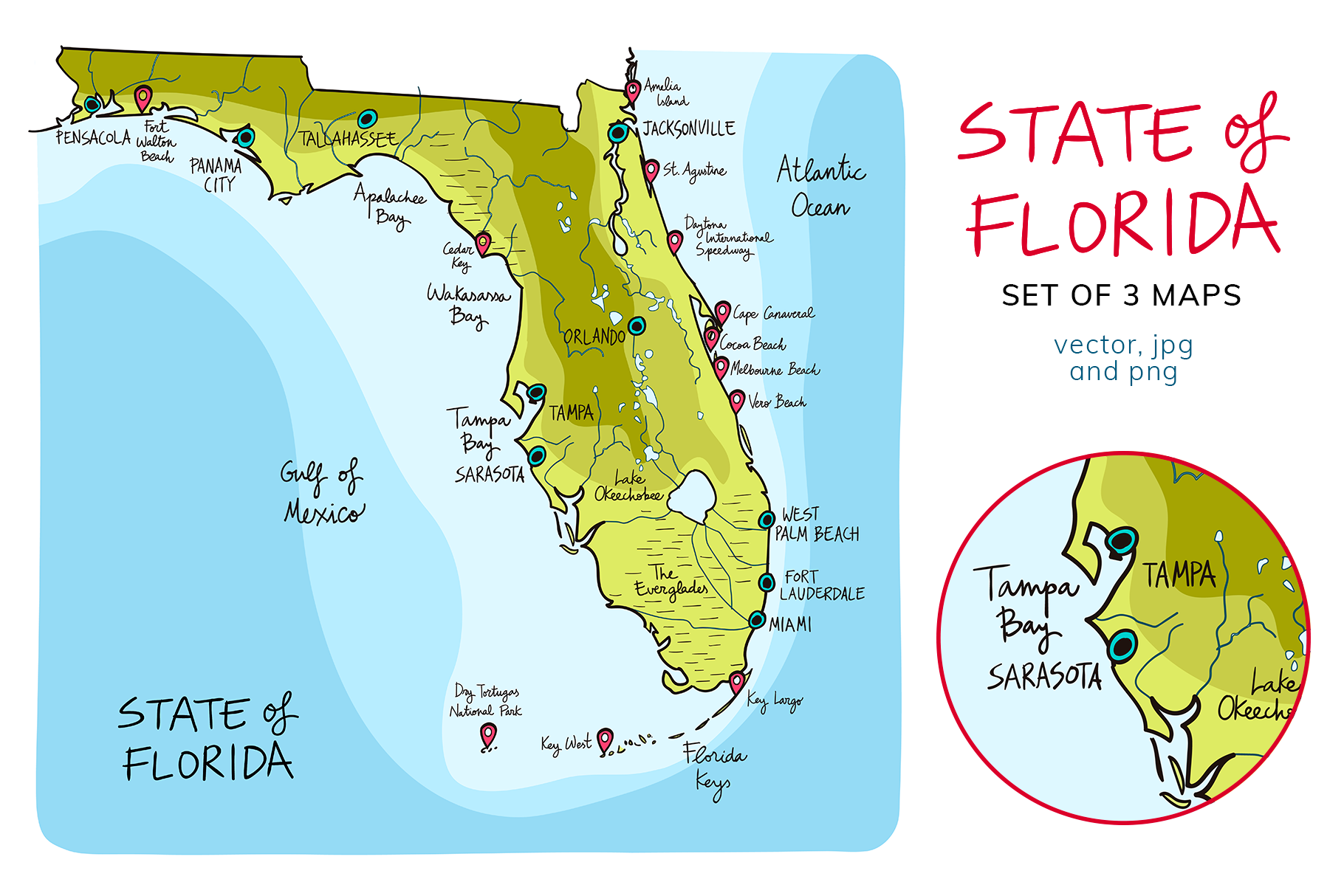 Maps of Florida Hand drawn collection (270455) Illustrations Design