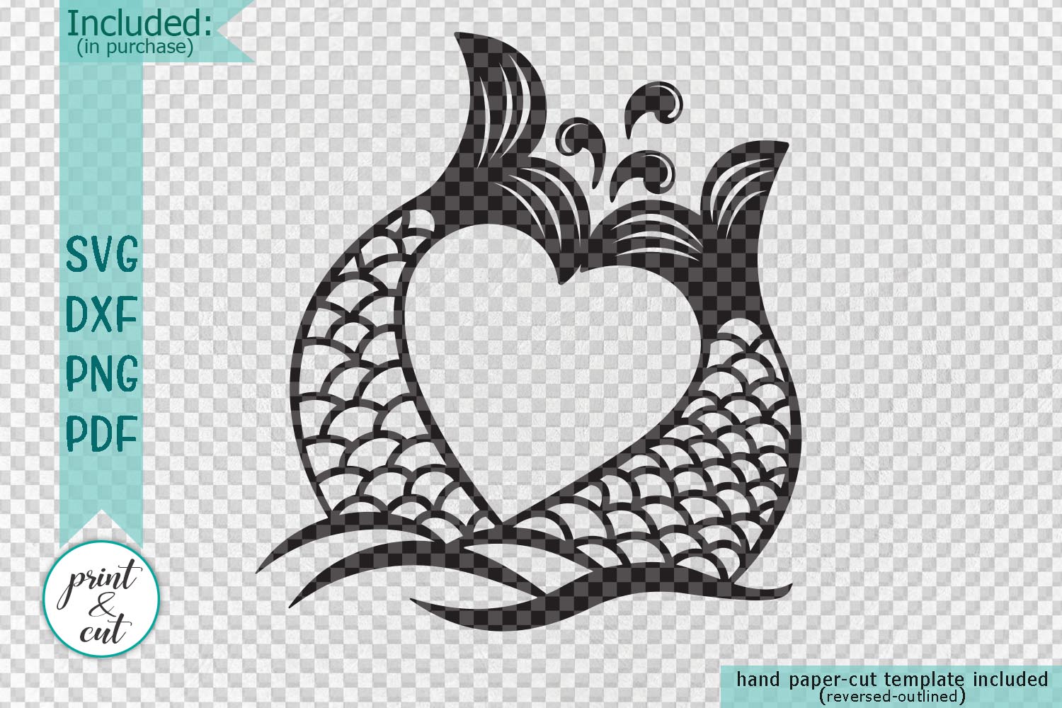 Couple mermaid tails heart shape svg dxf cut out template ...