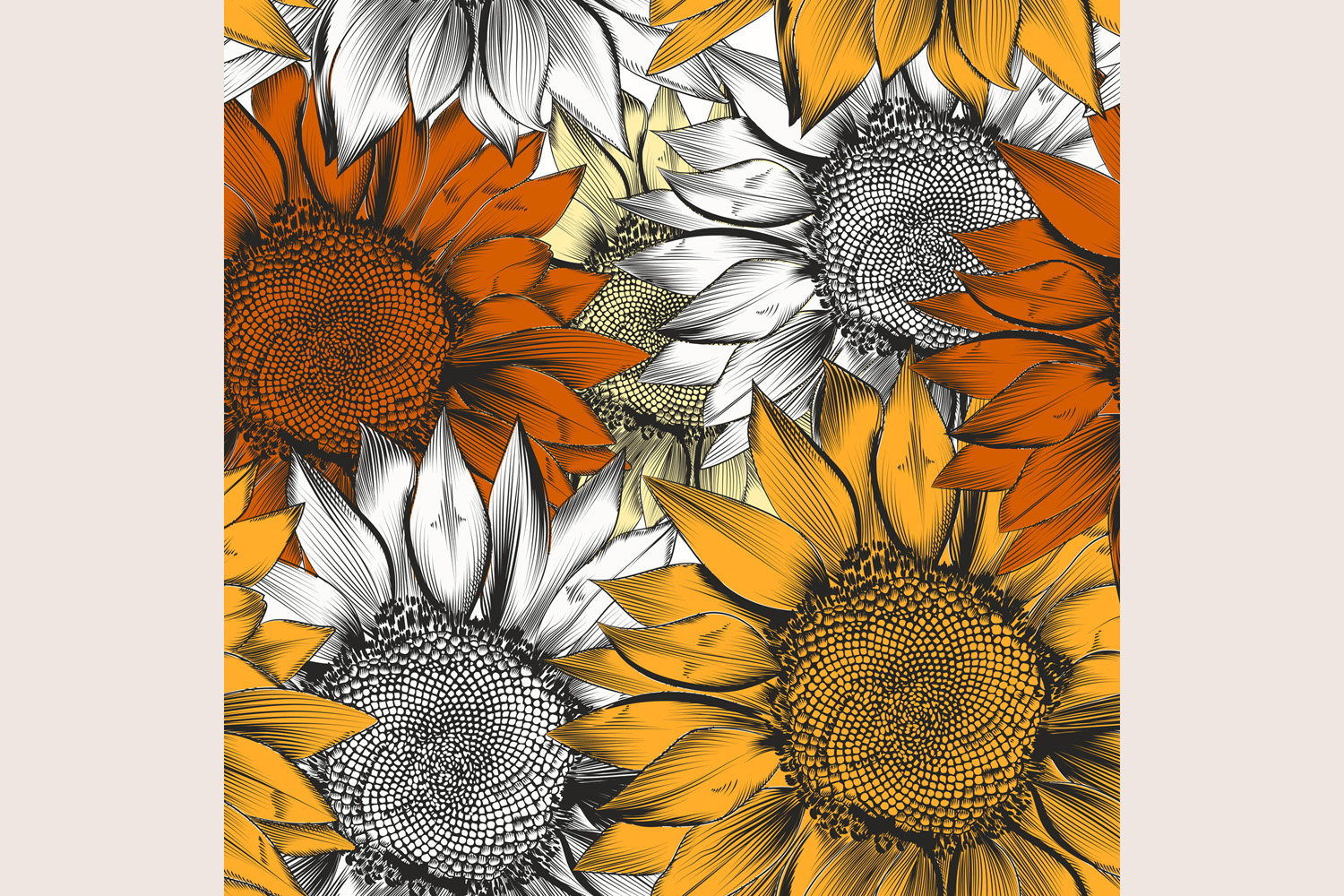 Beautiful vector pattern from hand drawn sunflowers