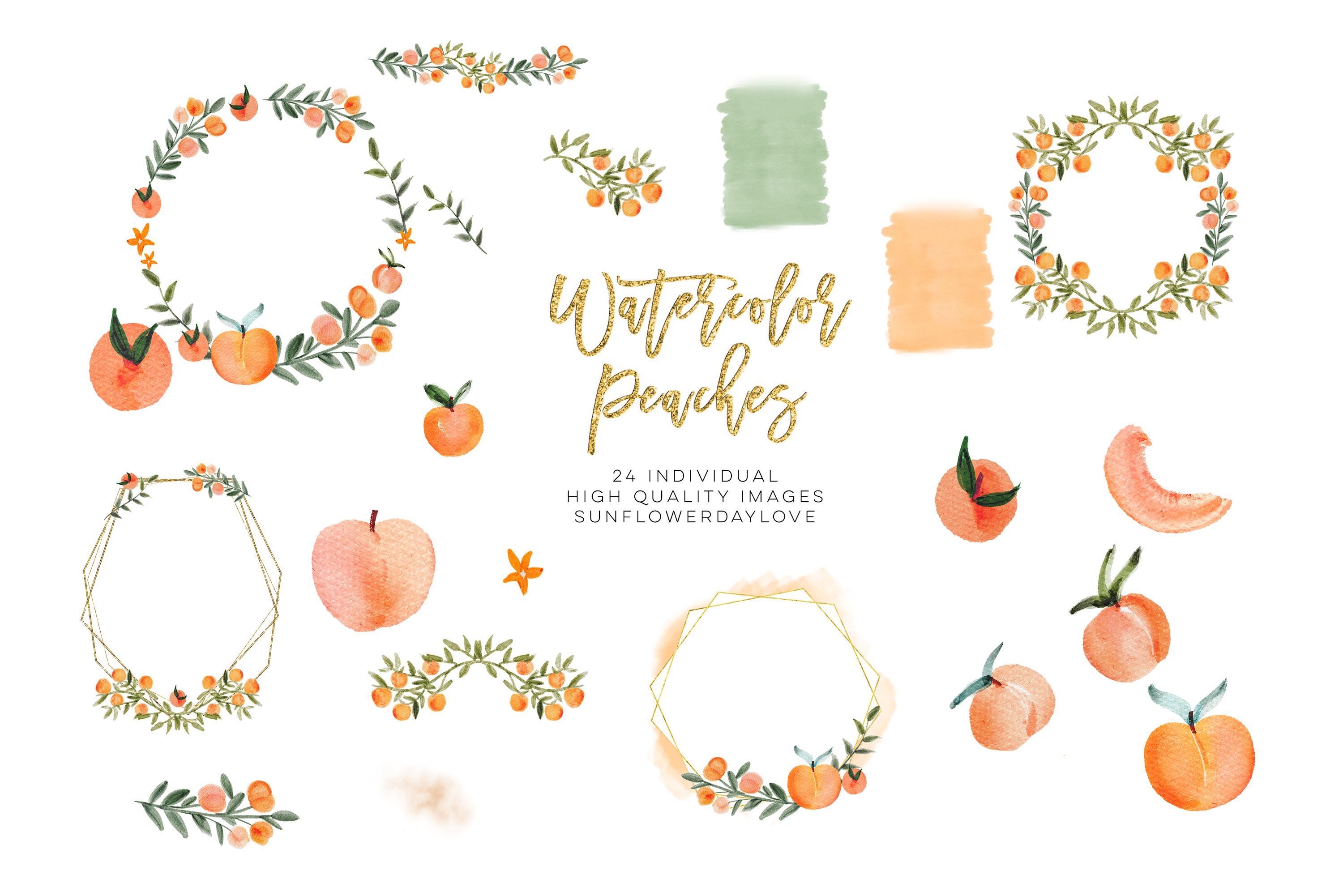 Watercolor Peach Clip Art, Peach leaves Clipart