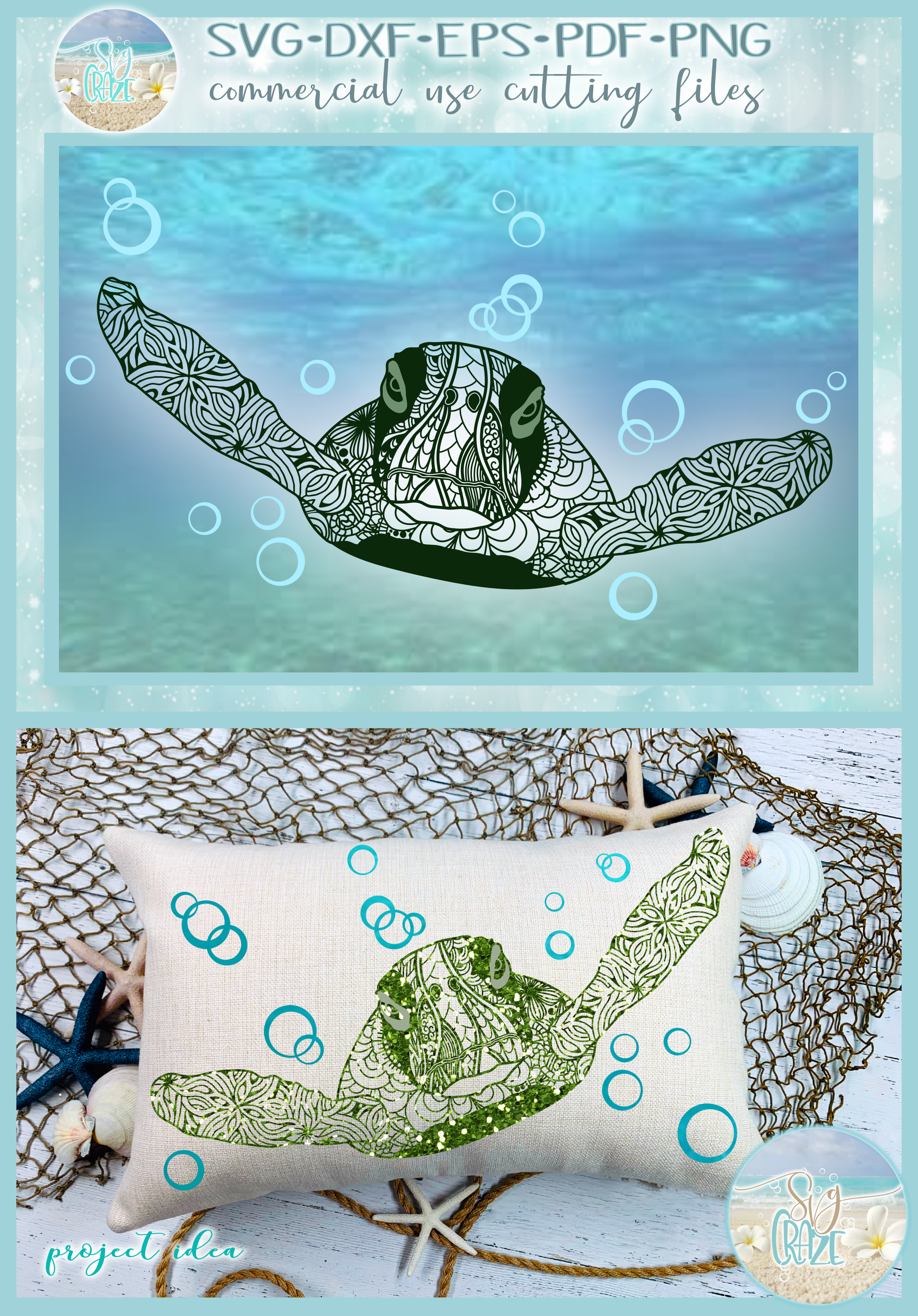 Download Sea Turtle with Bubbles Mandala Zentangle SVG