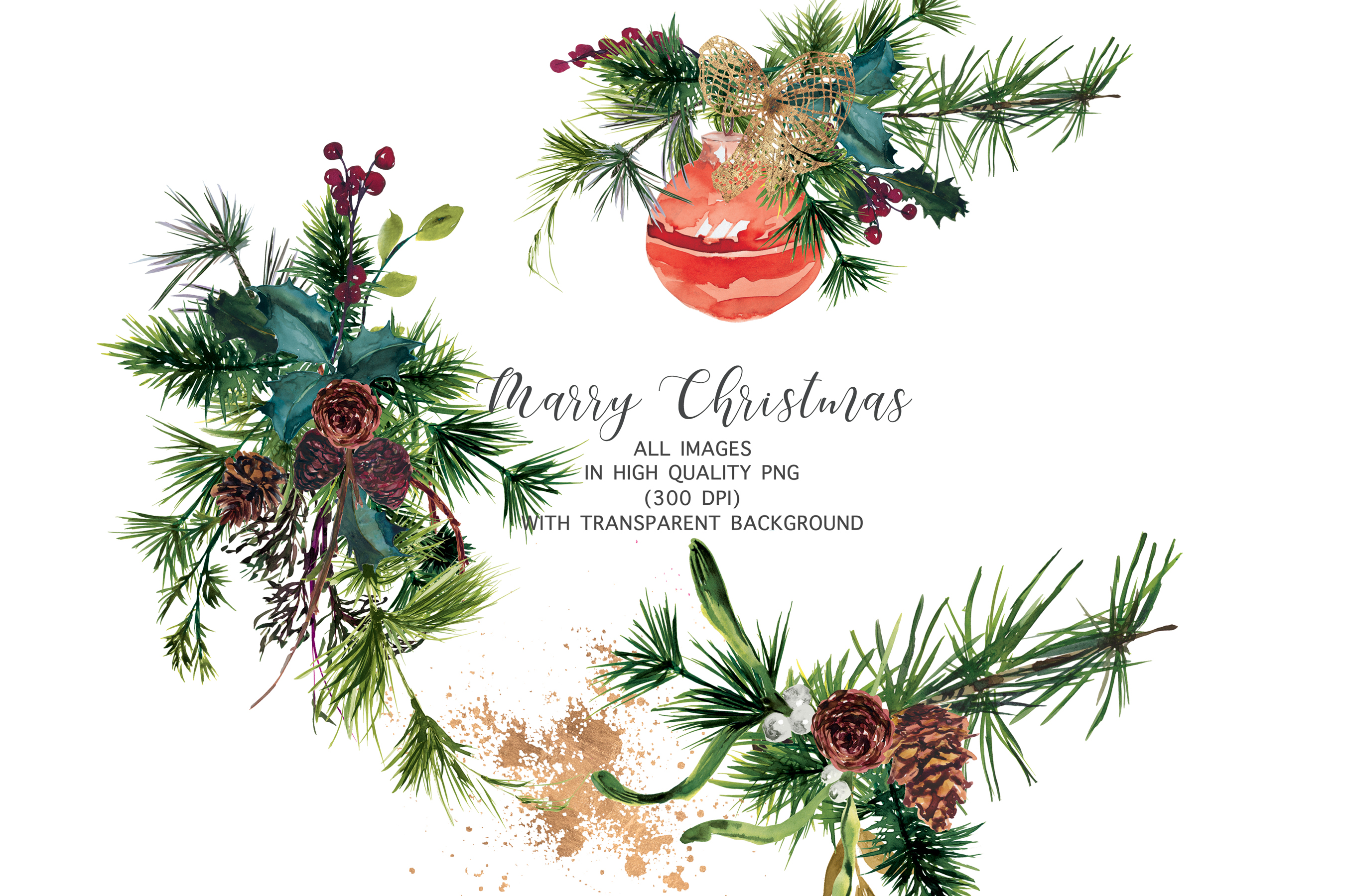 Watercolor Christmas Evergreen Clipart