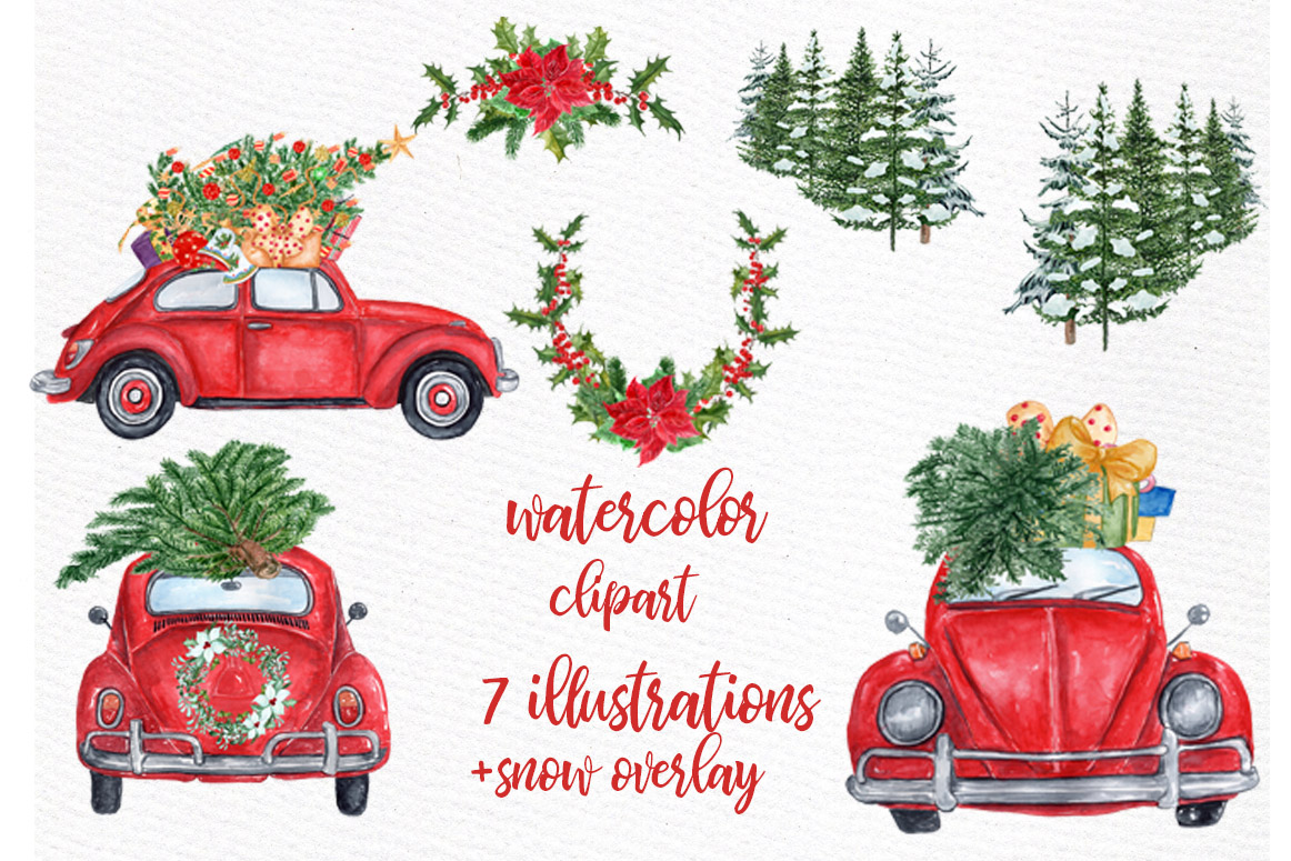 Download Watercolor Christmas Cars Clipart,Red Beetle ,Pine Forest