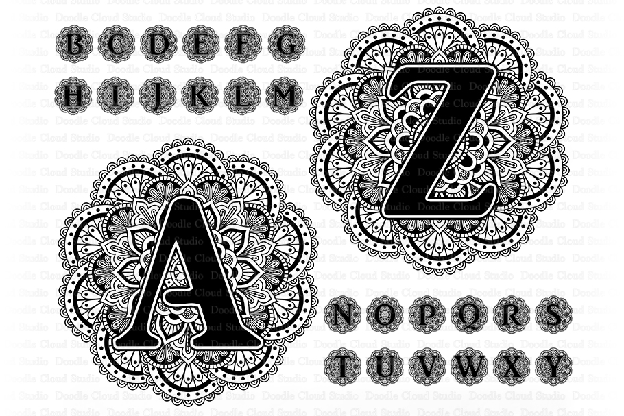 Mandala Alphabet SVG Bundle, Mandala Letters Clipart.