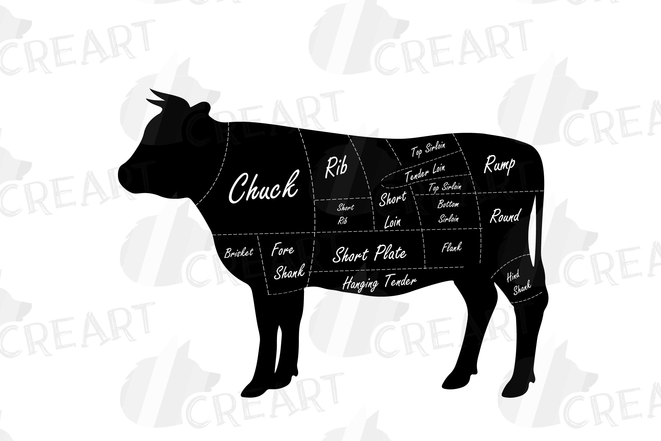 Butcher Diagram Clip Art  Digital Cow Diagram  Beef Cuts Dia