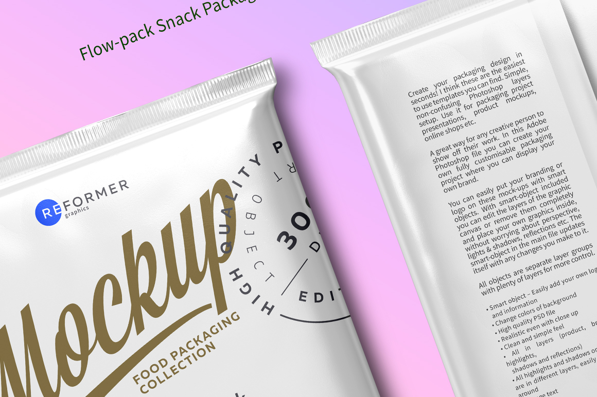 Download Flow-pack Snack Package Mockup Front & Back Views (99858) | Mock Ups | Design Bundles