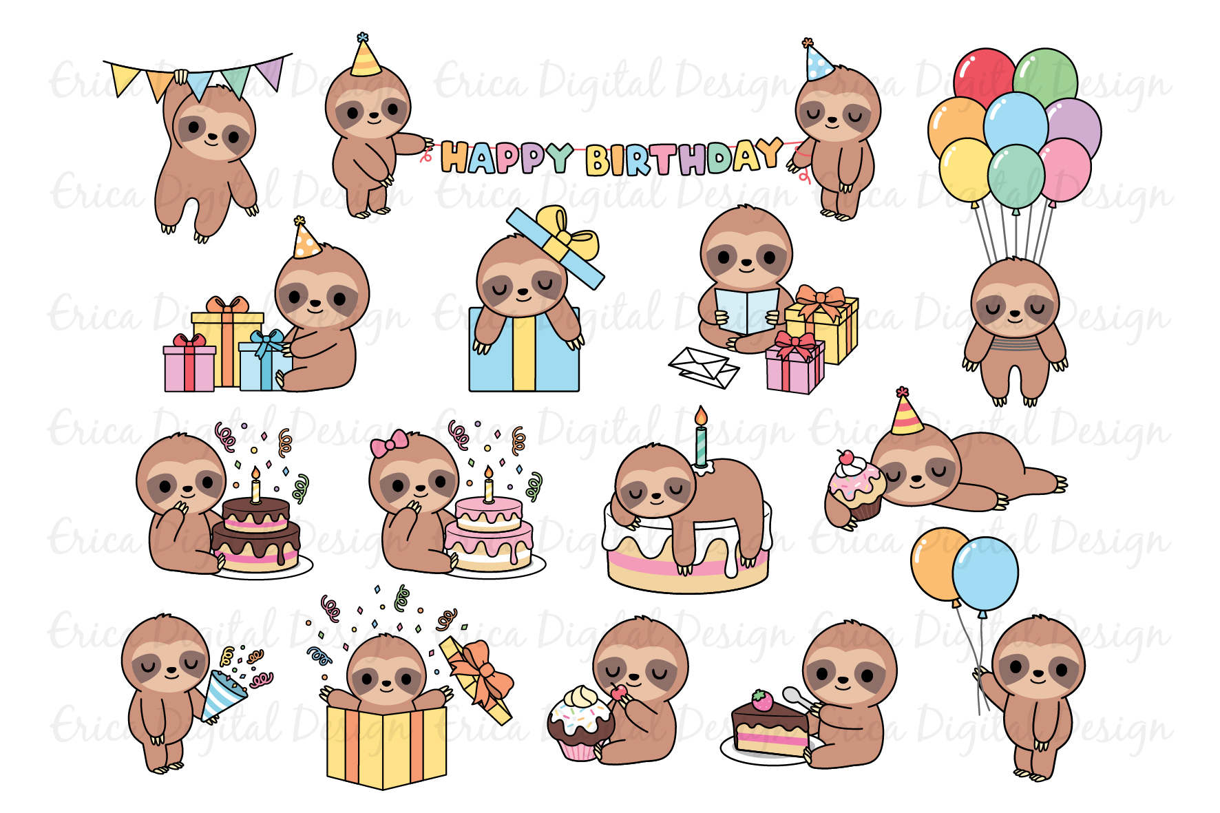 Birthday Sloths Clipart Set 15 Sloth Party Images Bundle 520471 Illustrations Design