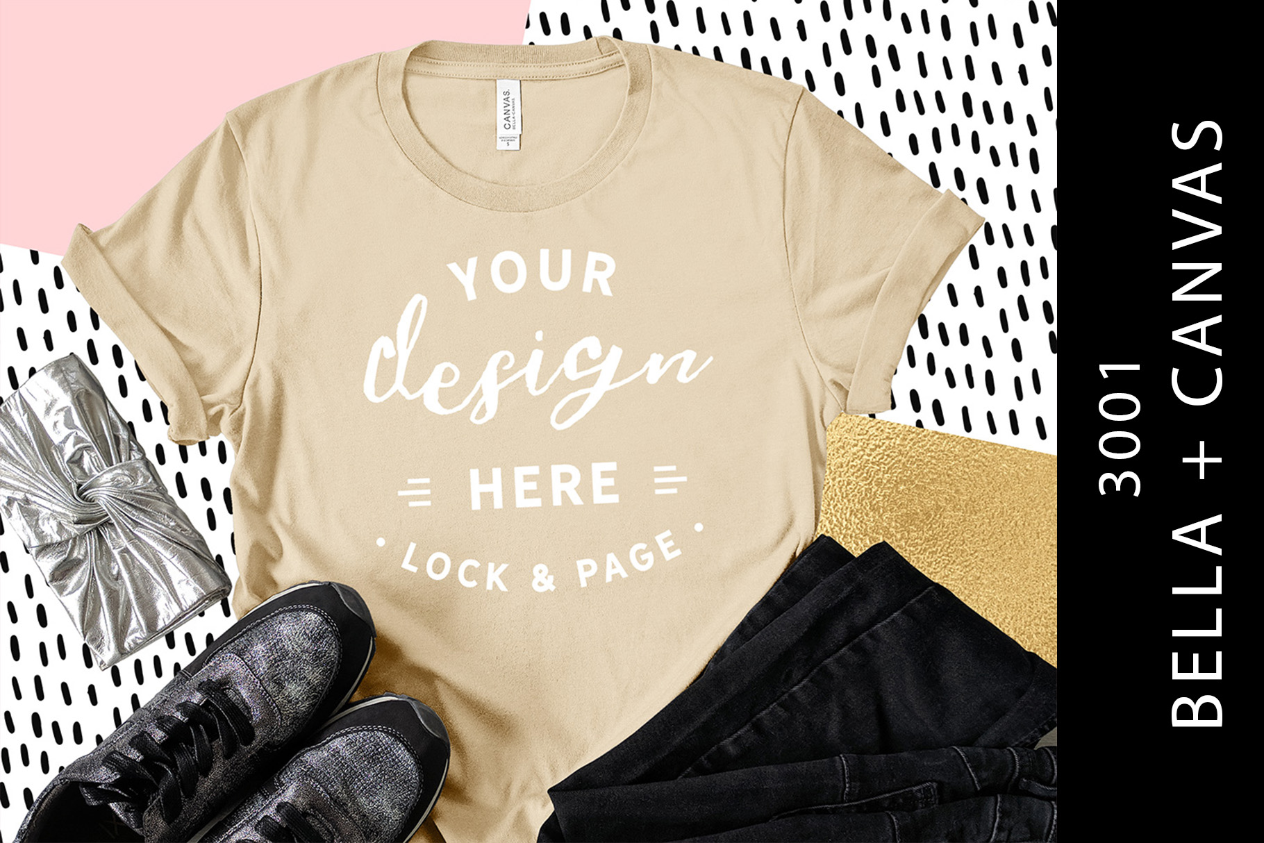 Download Tan Bella Canvas 3001 T-Shirt Mockup Girls Fashion Flat Lay