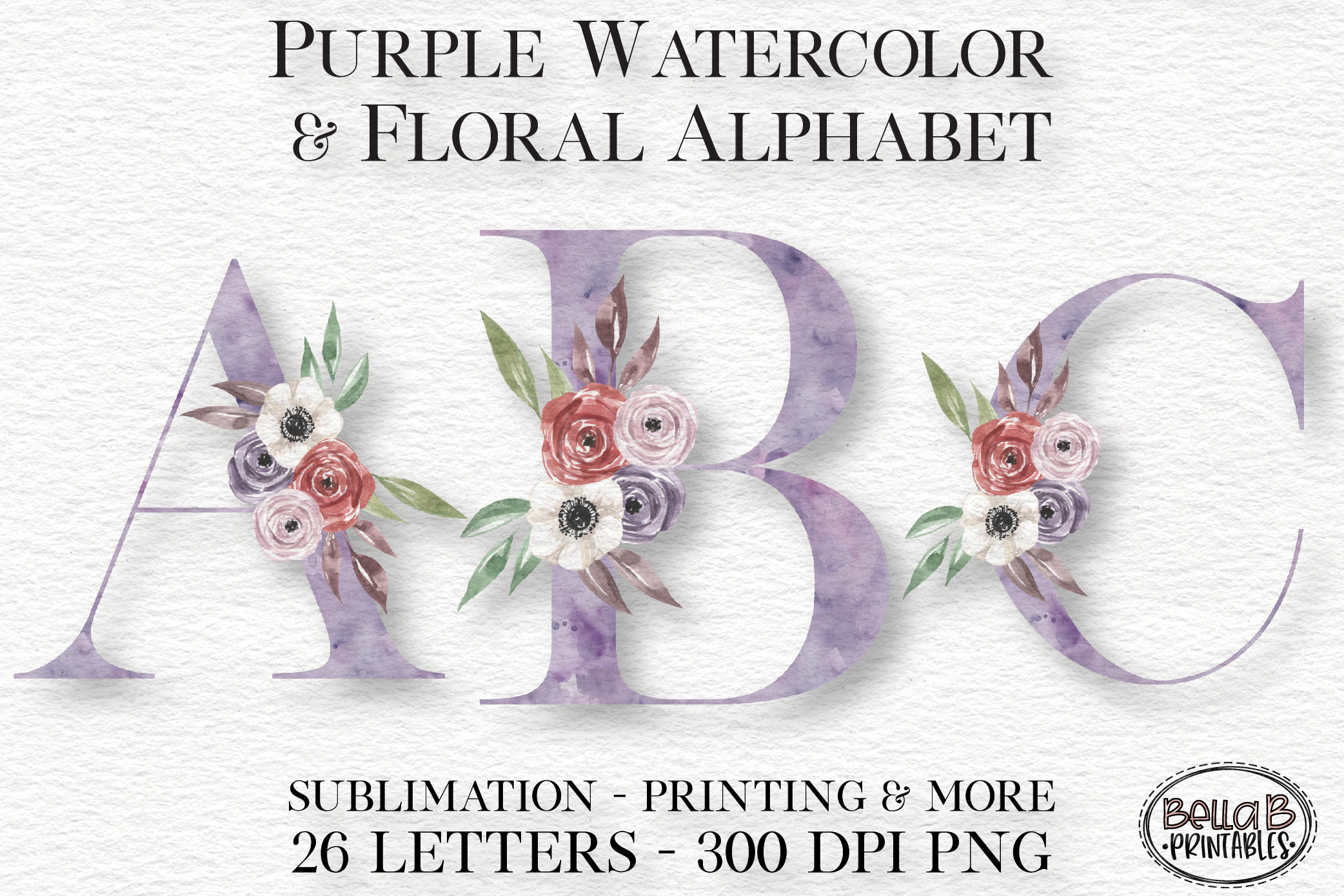 Download Purple Watercolor Floral Alphabet Set, Sublimation Alphabet