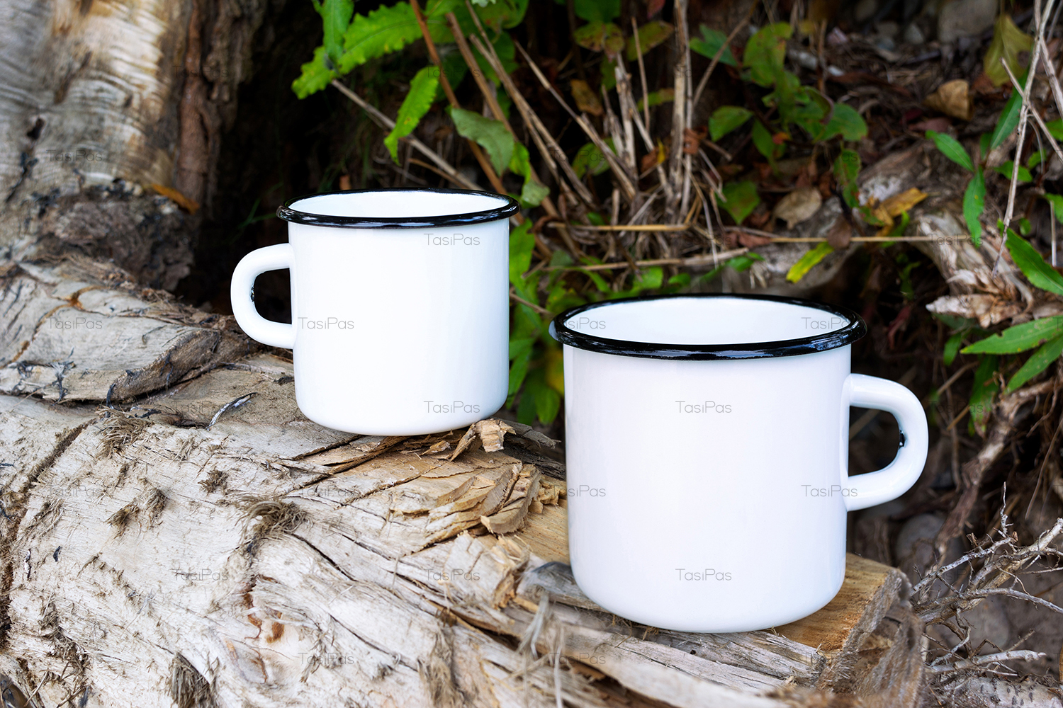 Download Two white campfire enamel mug mockup with tree stump ...
