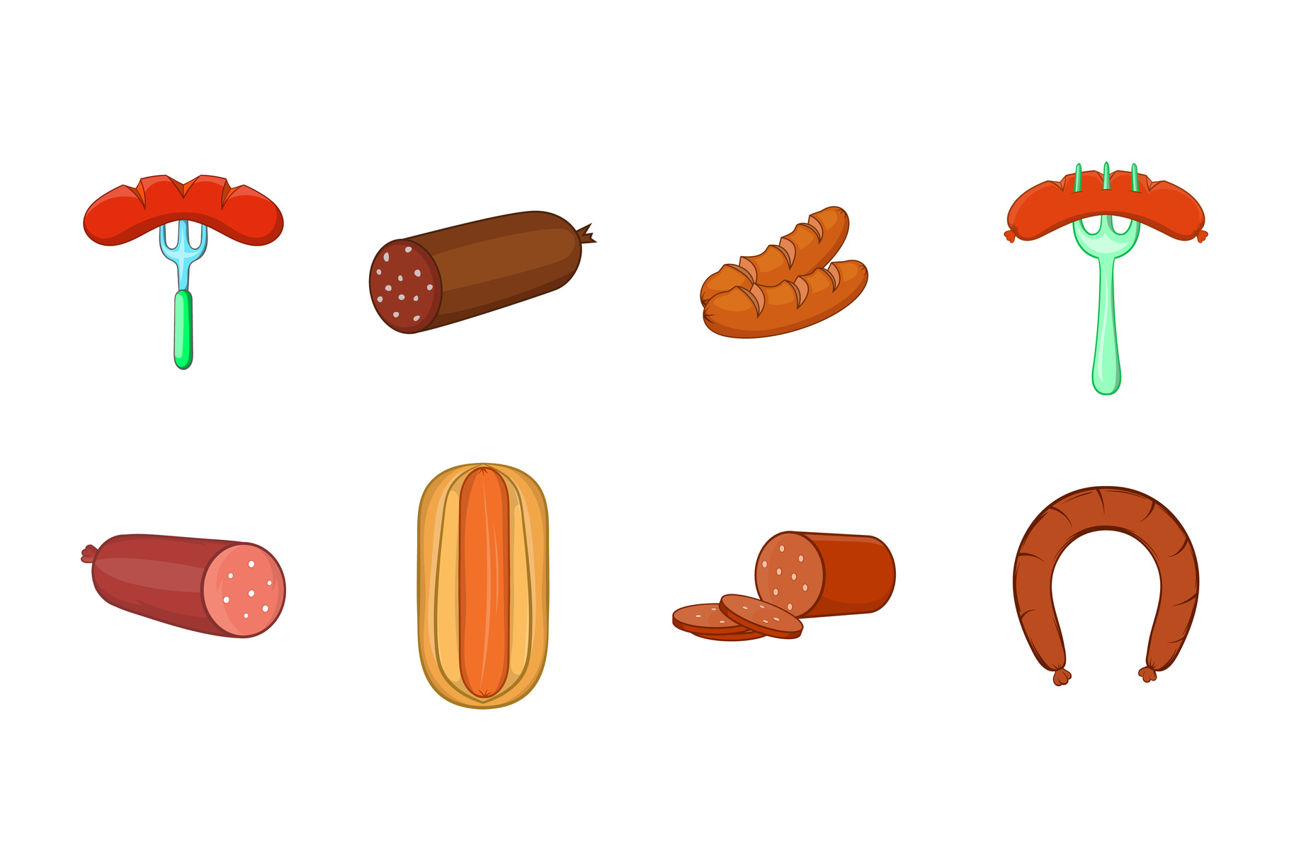 Sausage icon set, cartoon style