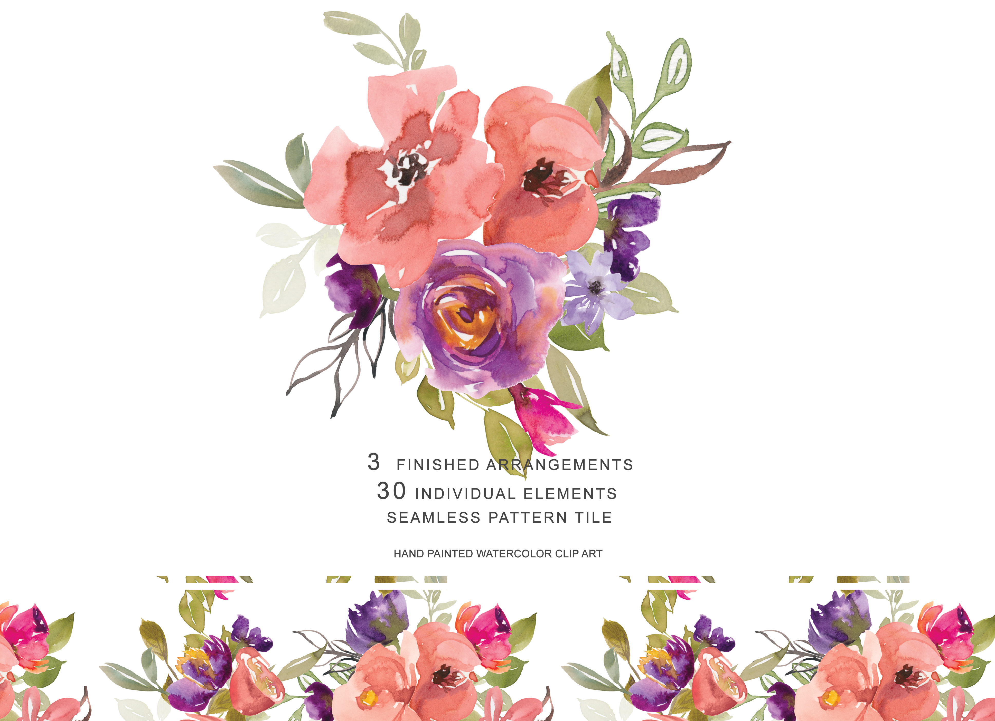 Watercolor Salmon and Purple Flowers Clip Art