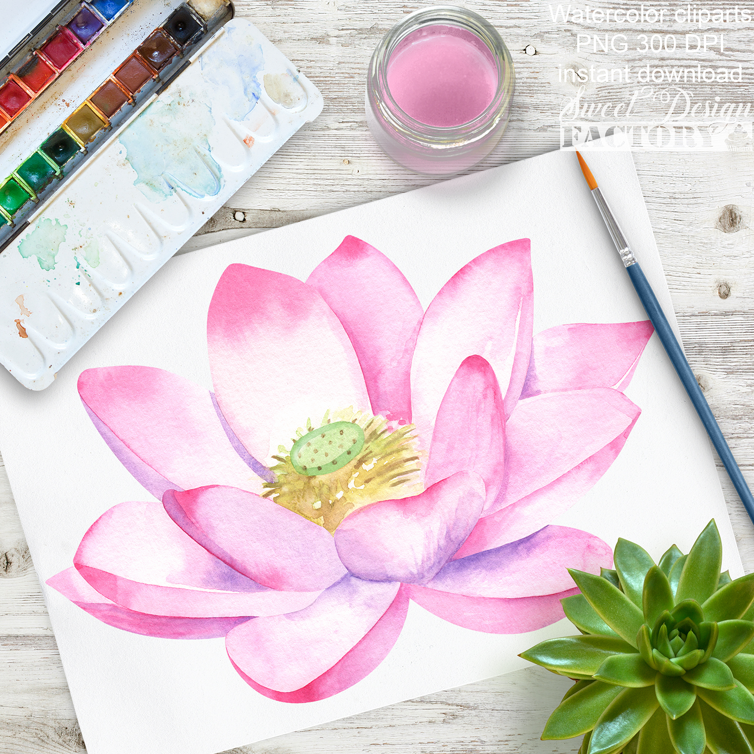 Watercolor Lotus flowers and leaves cliparts