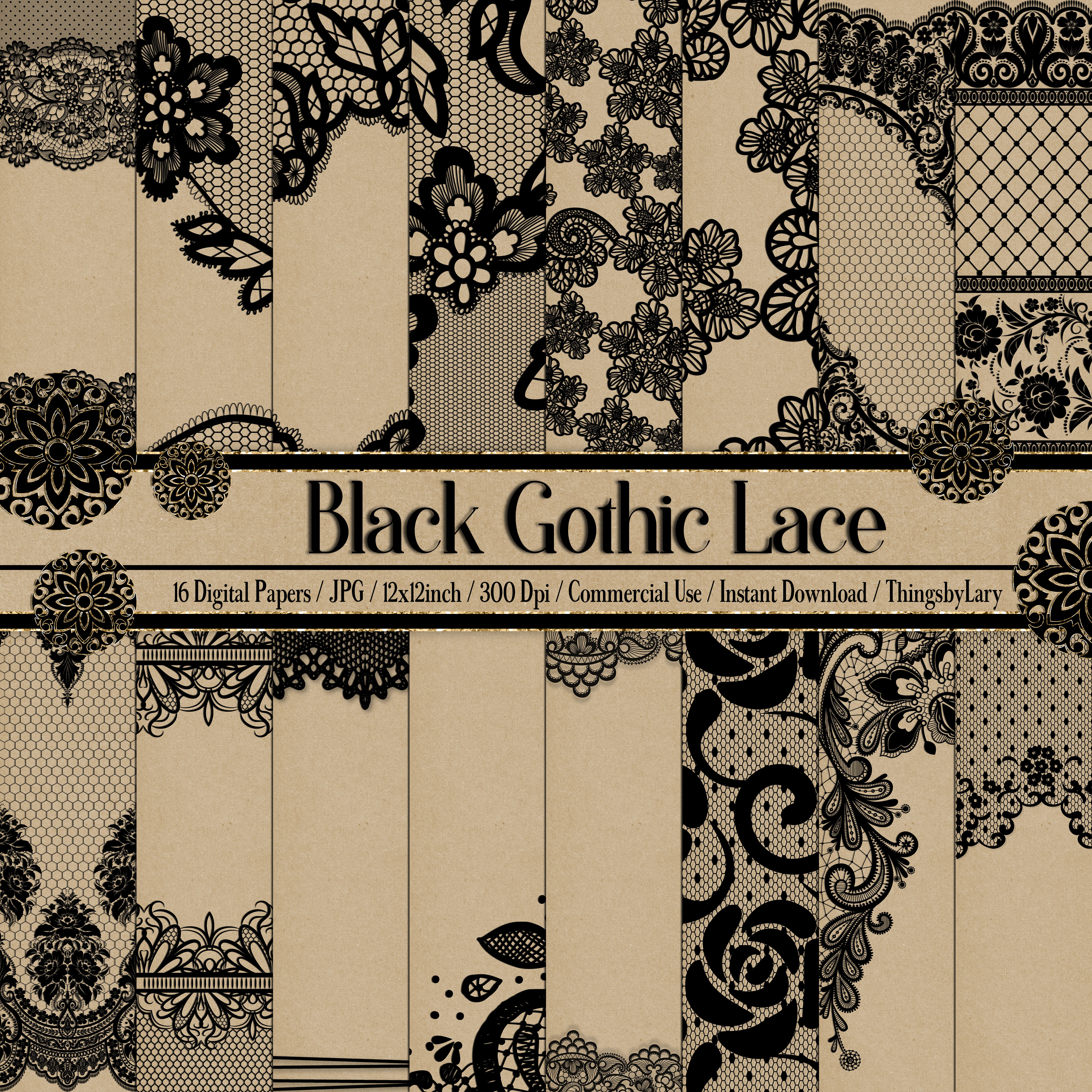 16 Black Gothic Lace Digital Papers