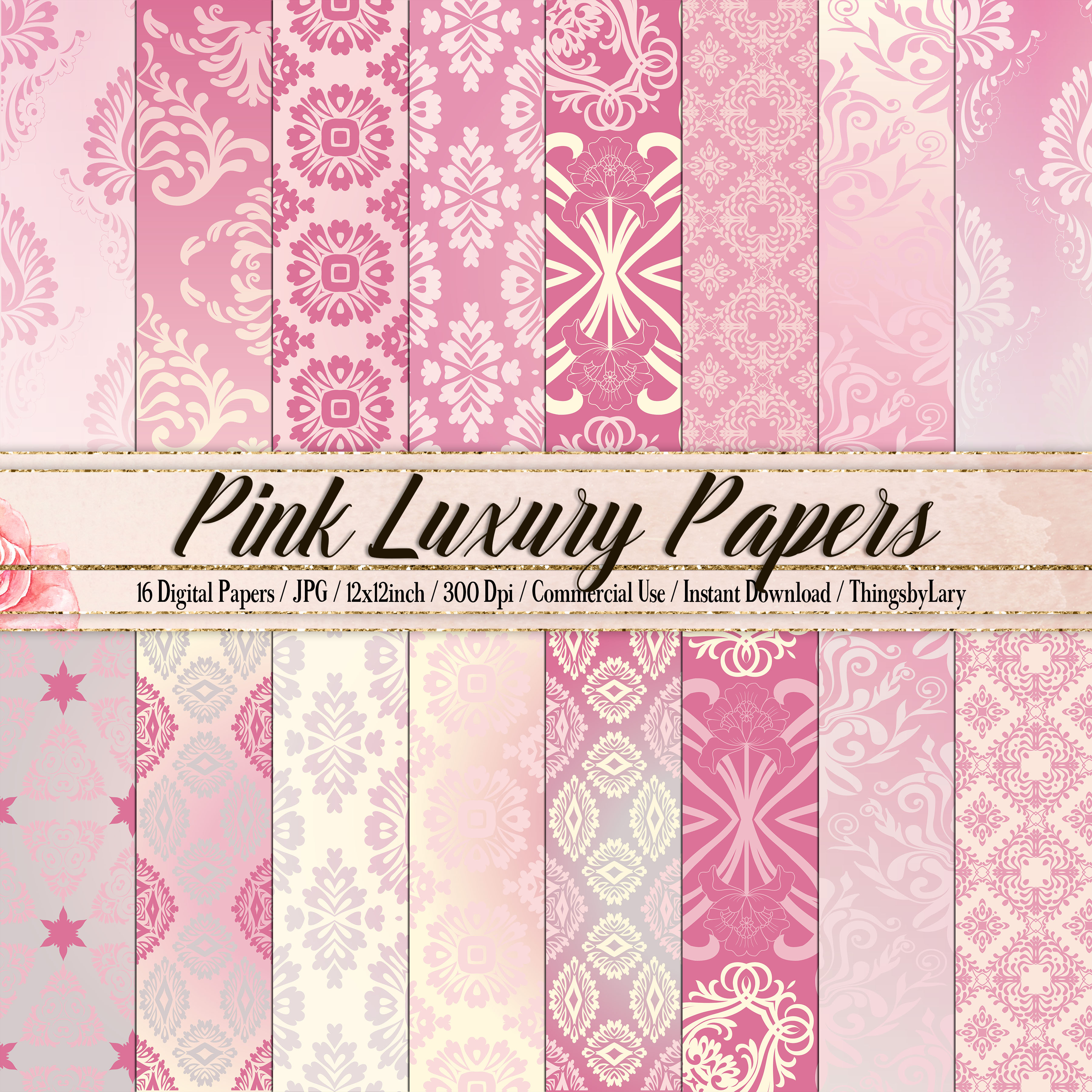 16 Pink Damask Texture Papers, Ombre Paper, Luxury Paper, Digital