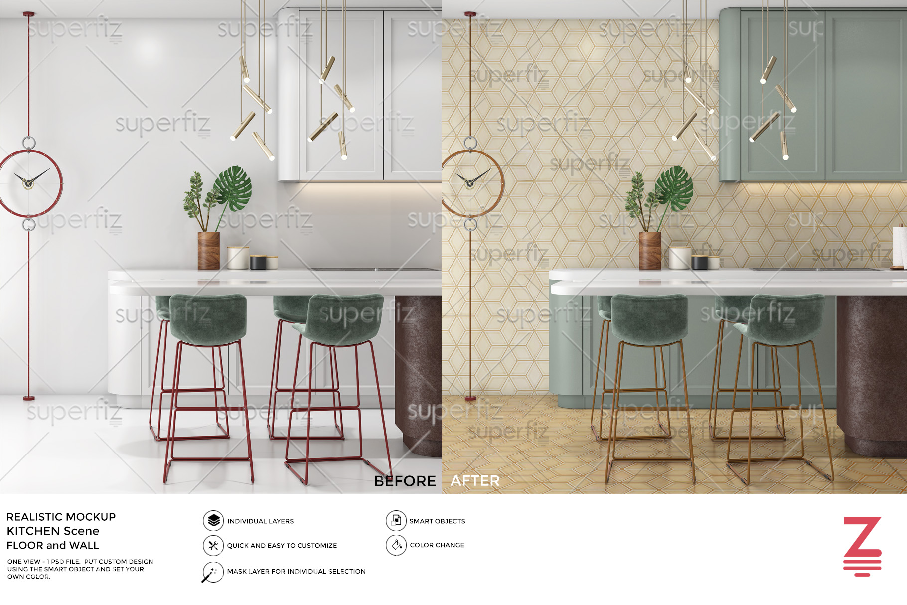 Download Kitchen PSD Mockup to change Floor and Wall surface SM35