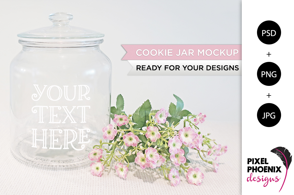 Download Glass Cookie Jar Mockup with pink flowers (219920) | Mock Ups | Design Bundles