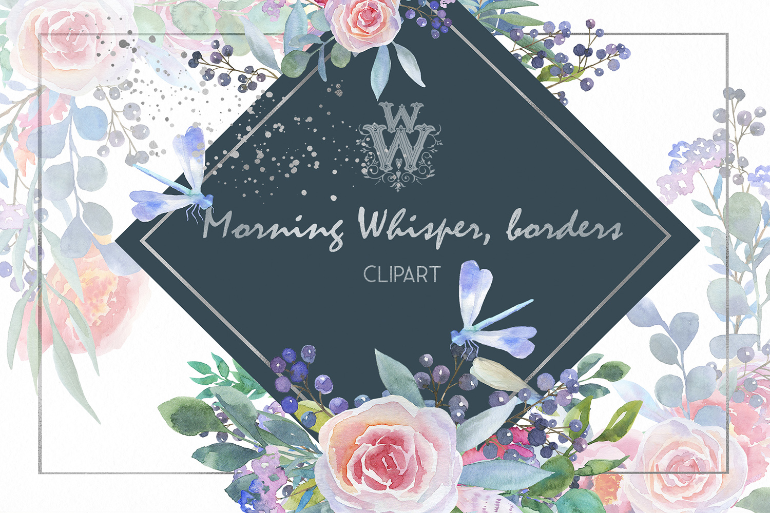 Blush pink Watercolor floral border clip art, rose peony