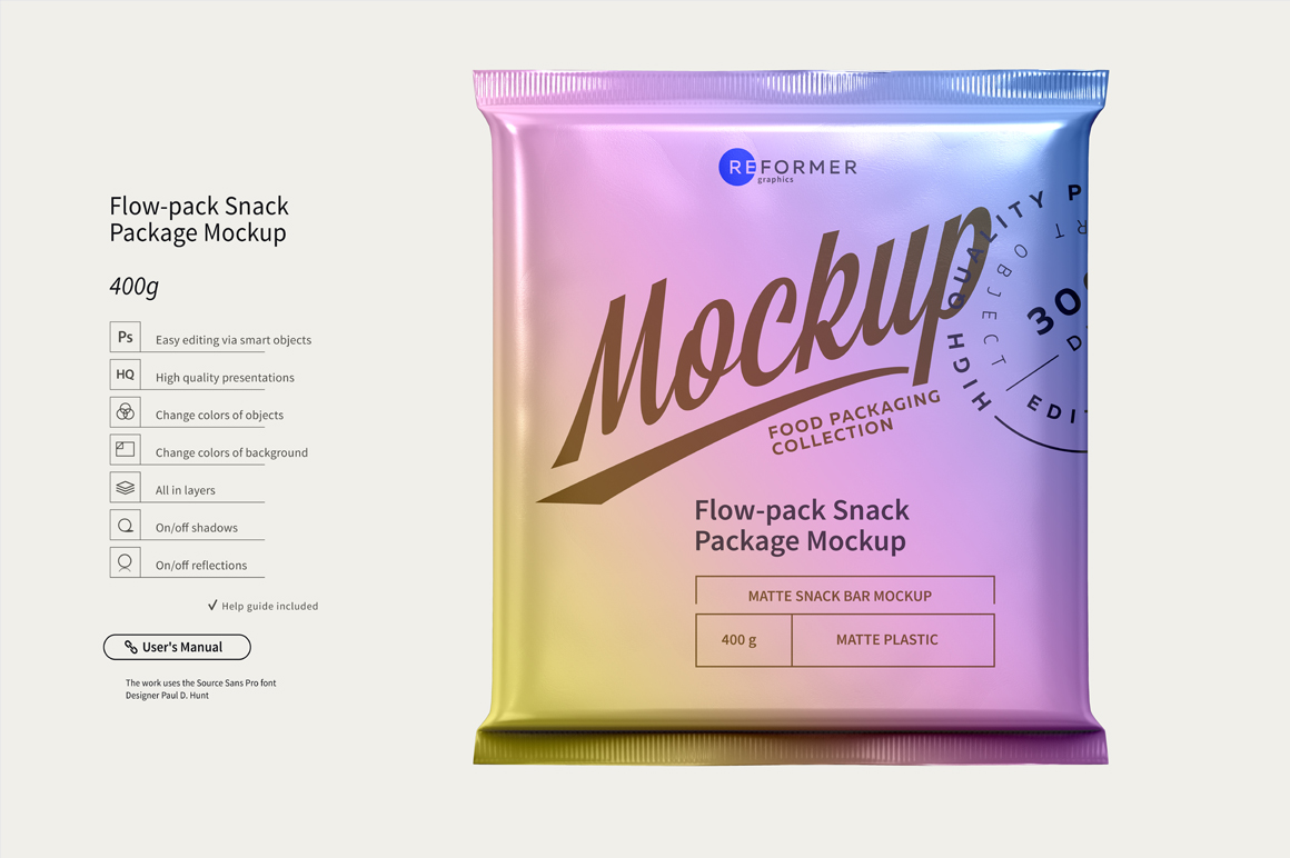 Flow-pack Snack Bar Mockup 400g (99537) | Mock Ups | Design Bundles