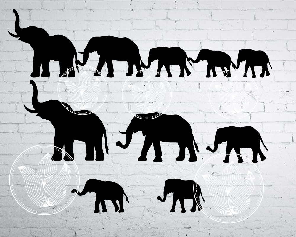 Digital Elephant family holding tails clipart, Elephant eps, png, svg