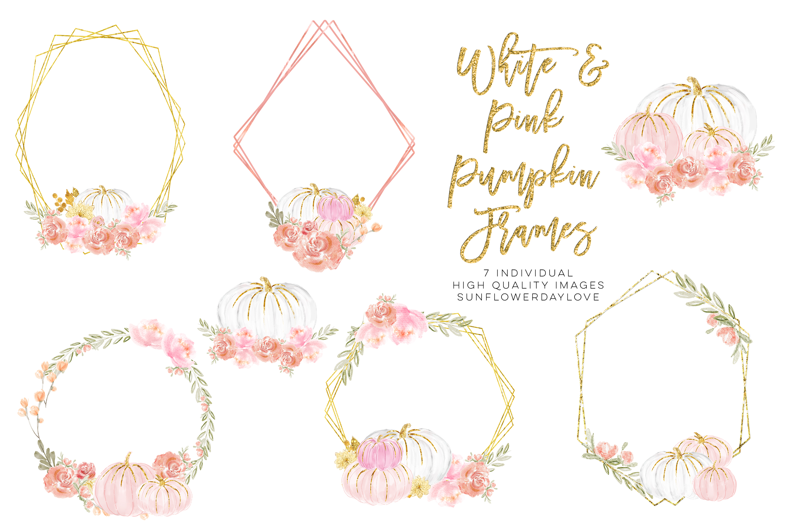 Watercolor Floral Frame Clipart, White and Pink Pumpkins