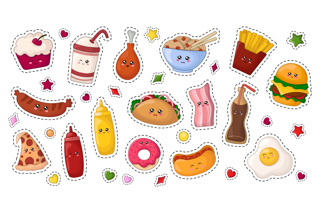 Cute vector kawaii food Stickers (355109) Illustrations Design