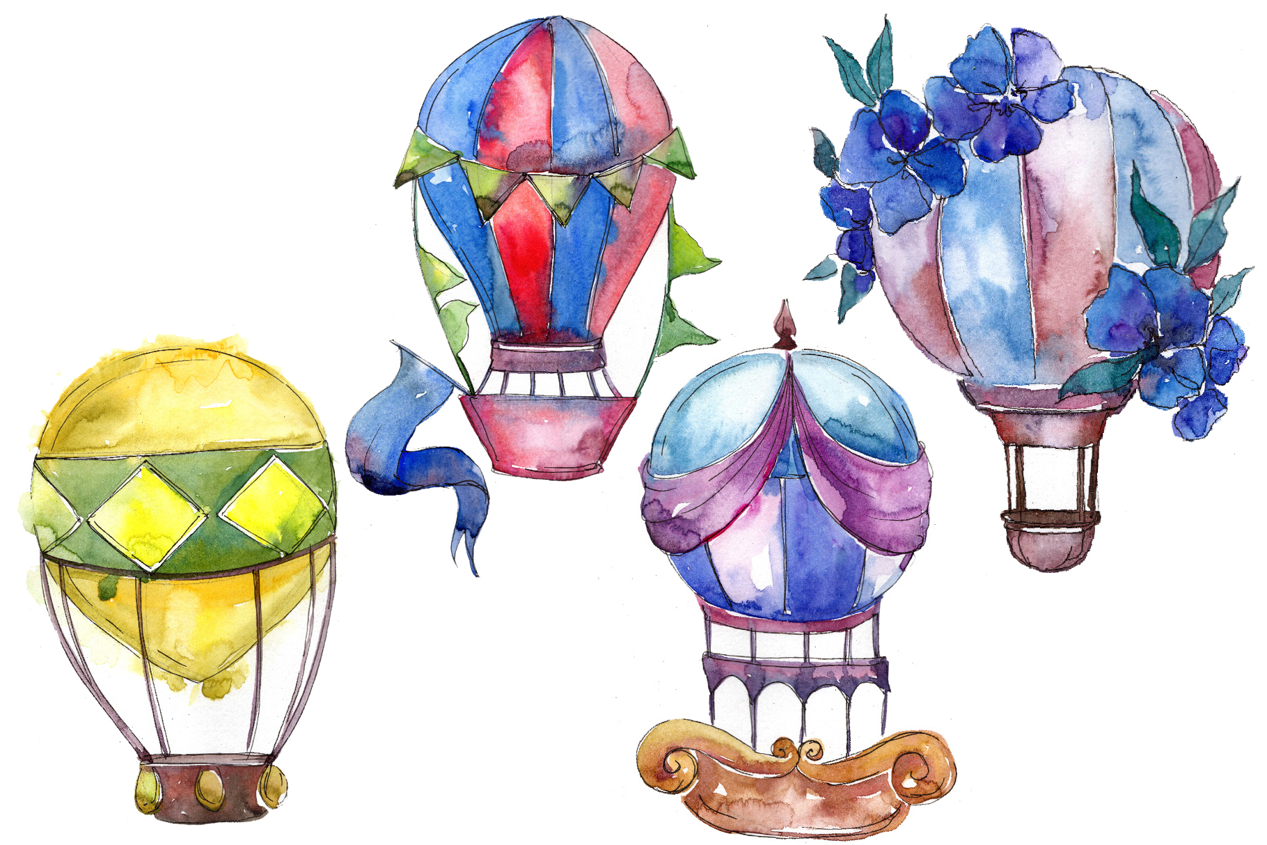 Aquarelle hot air balloon PNG set (128739) | Illustrations ...