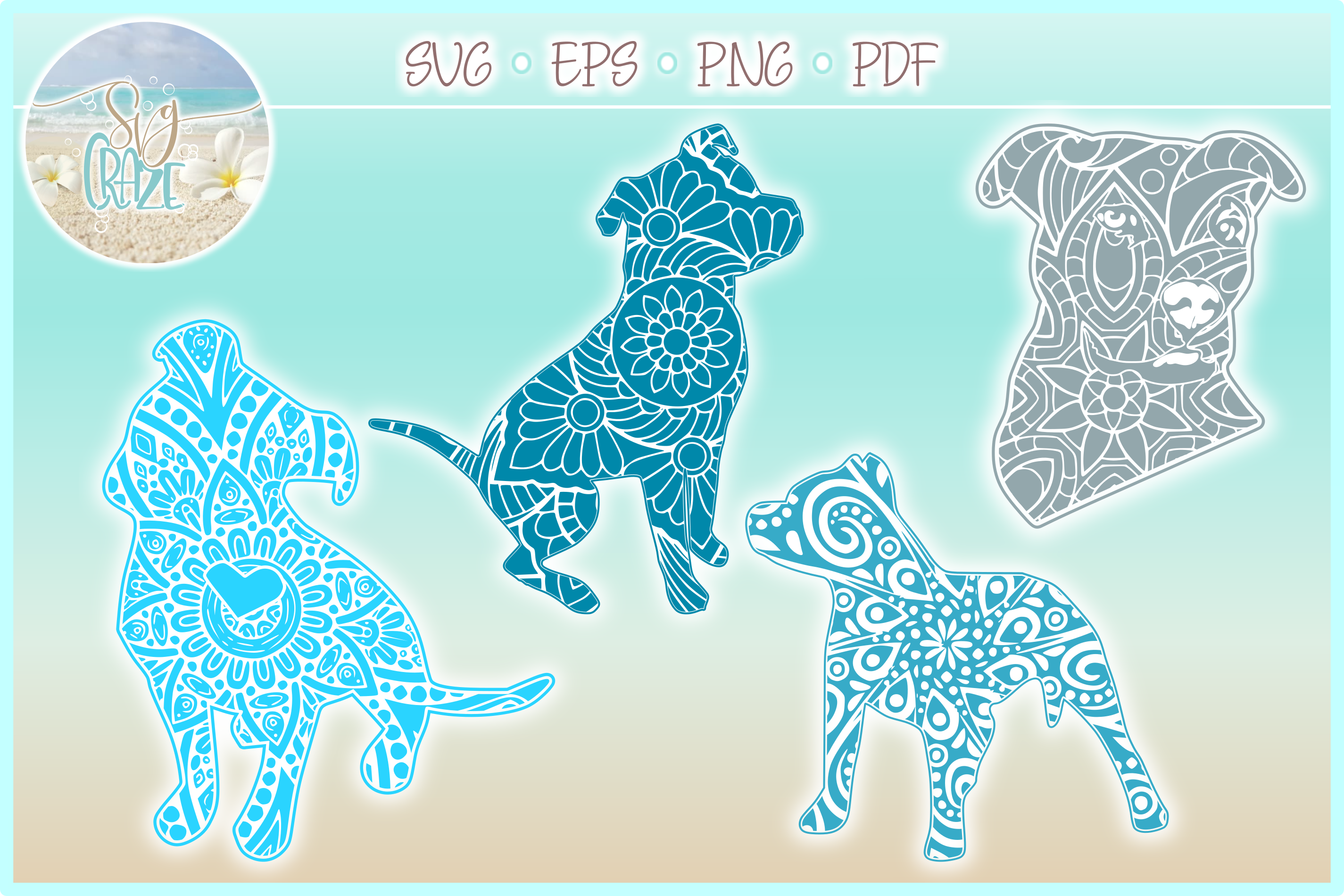 Pit Bull Dog Breed Mandala Zentangle Bundle SVG Eps Png PDF