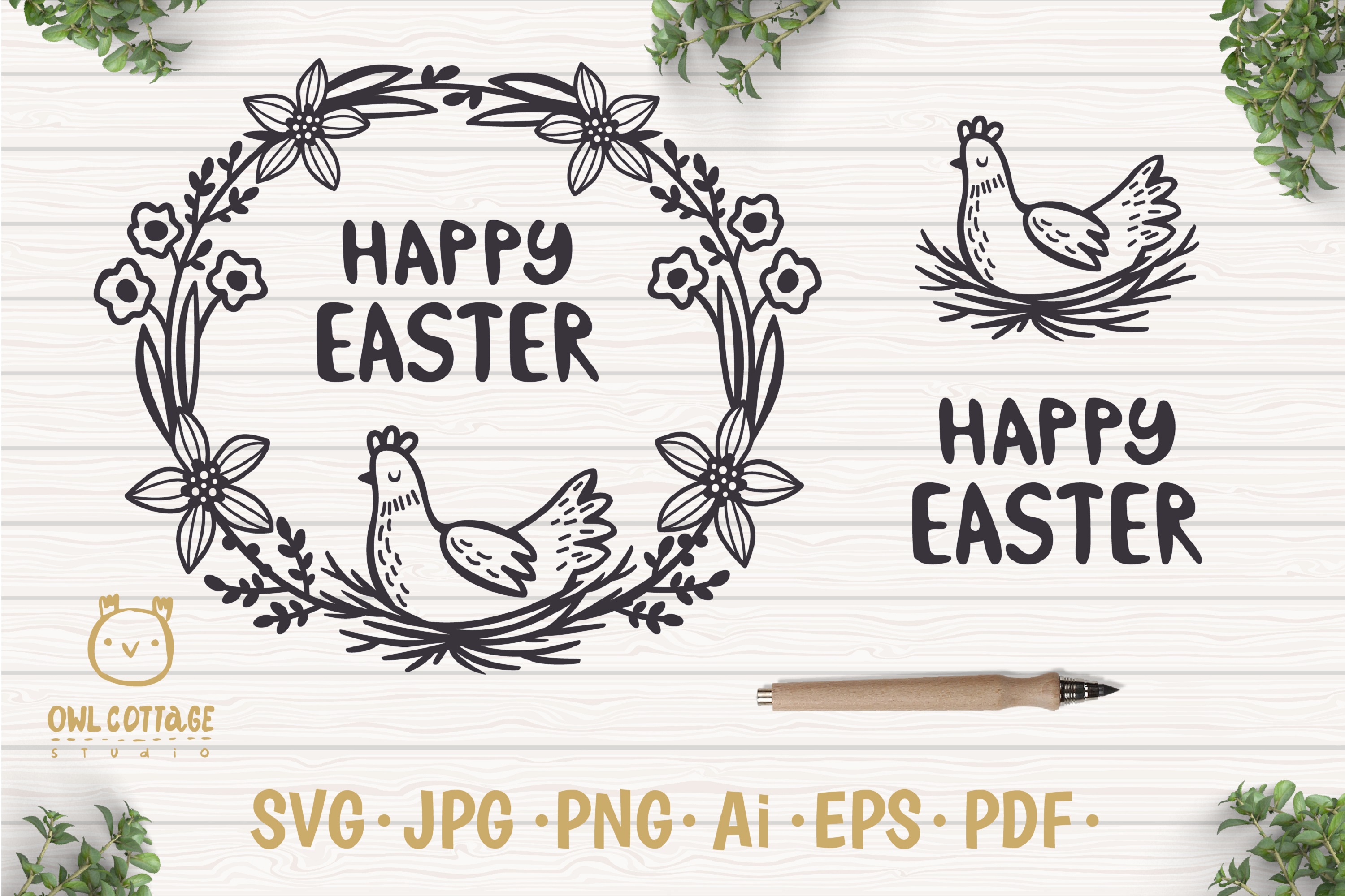 Download Easter Wreath with Hen svg, Easter Floral Monogram, Easter