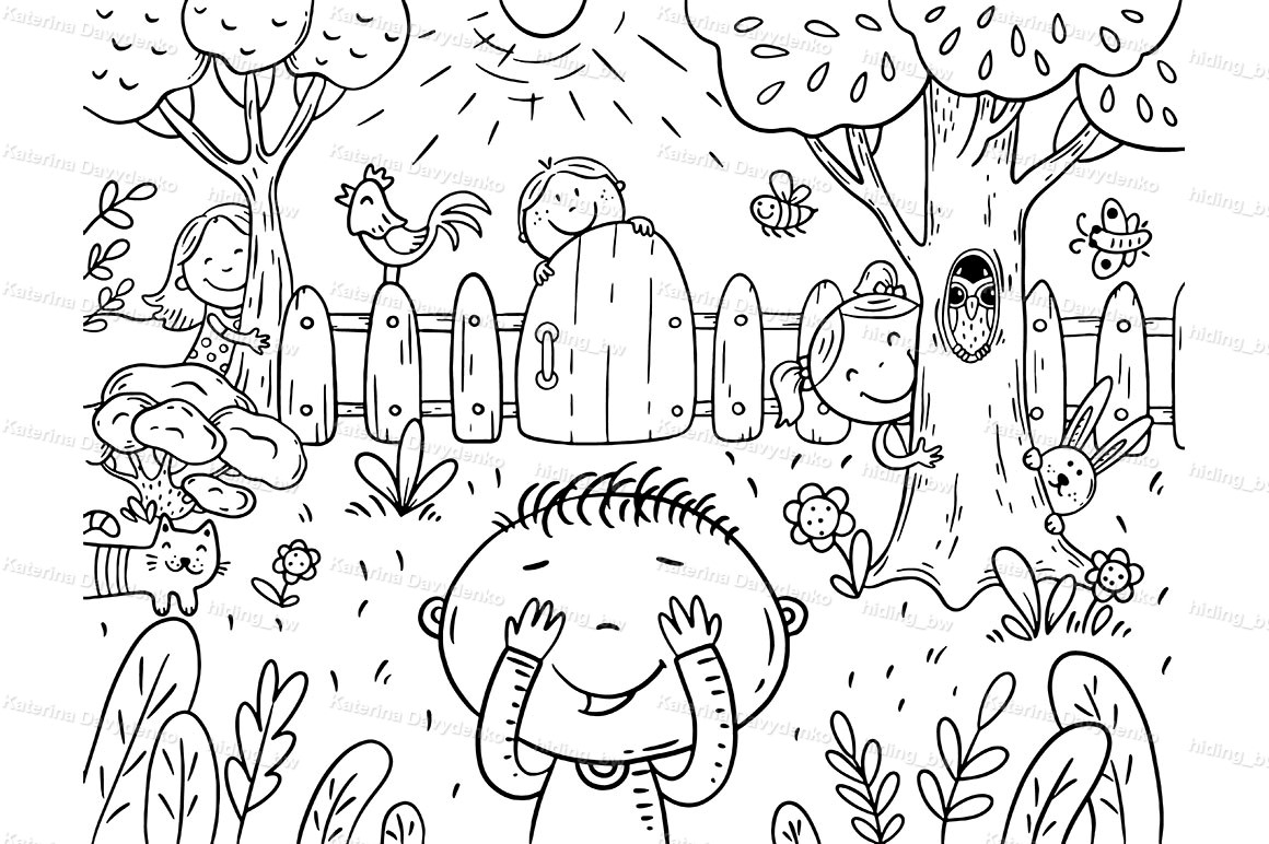 Cartoon children playing hide and seek in the garden