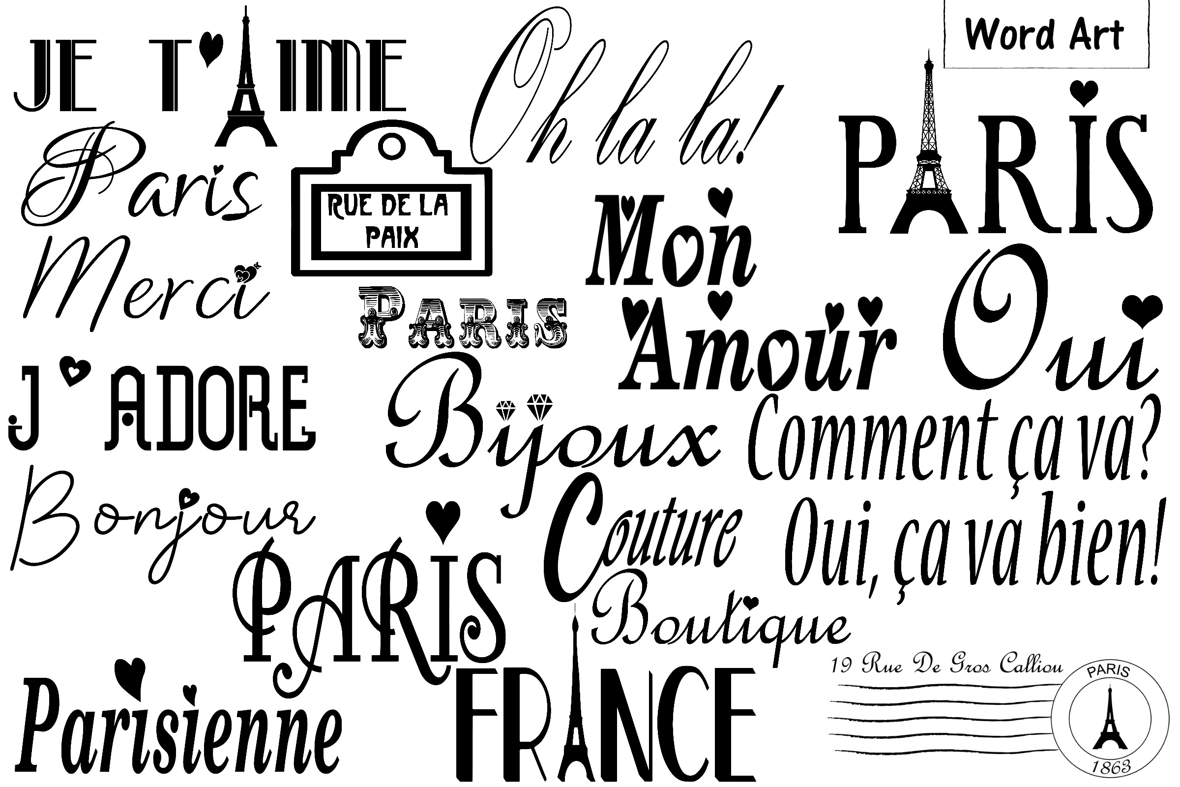 Paris and French Silhouettes AI EPS PNG, French Word Art (239699