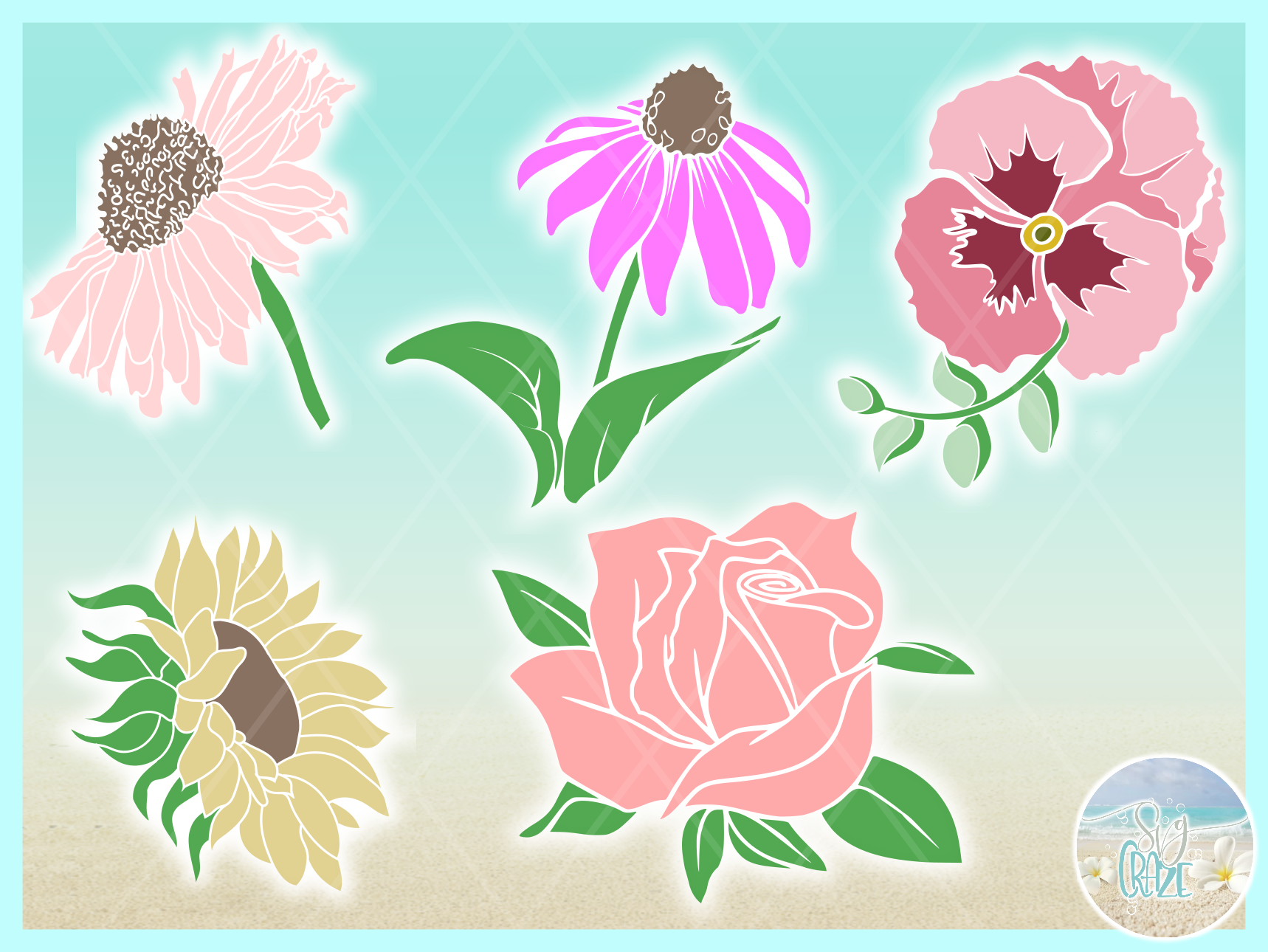 Flower Bundle SVG DXF Rose Sunflower Daisy Cone Pansy (103436) | SVGs | Design Bundles