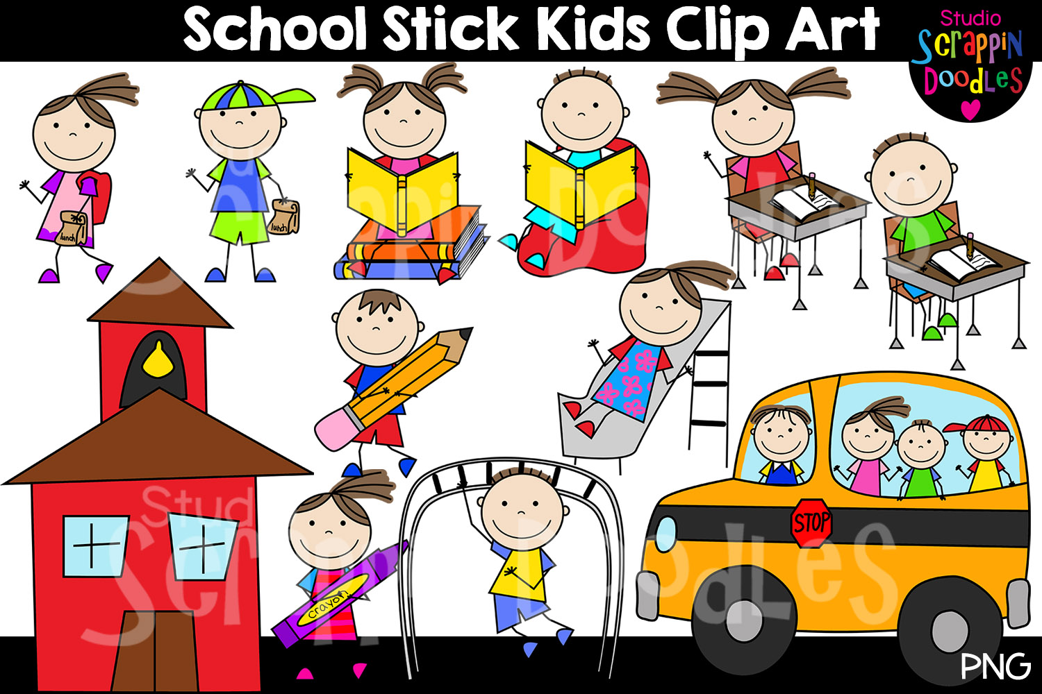 School Stick Kids Clip Art (356794) | Illustrations | Design Bundles