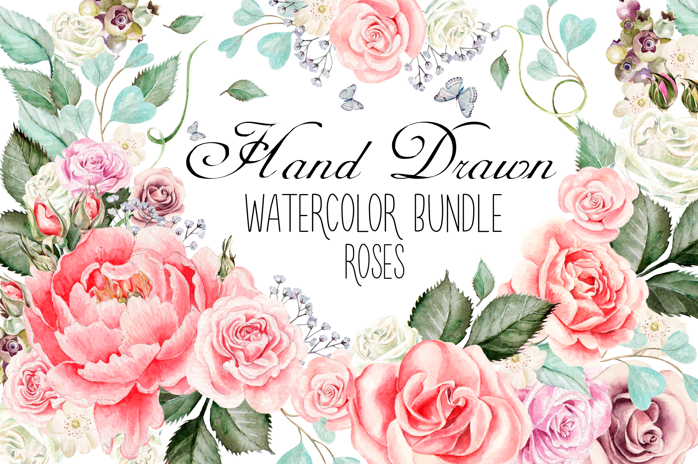 hand drawn watercolor roses bundle by k design bundles