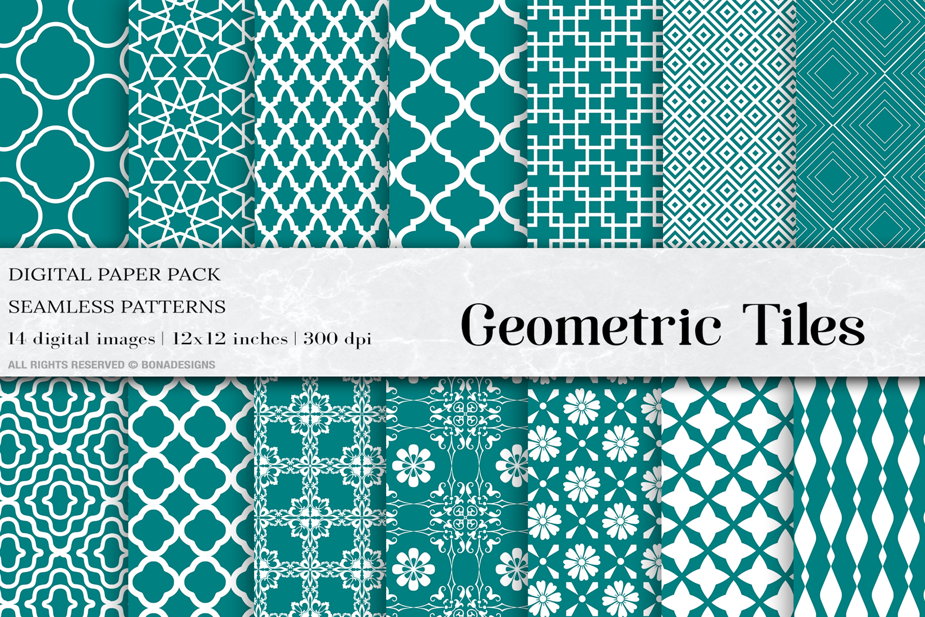 Teal Geometric Tiles Seamless Patterns