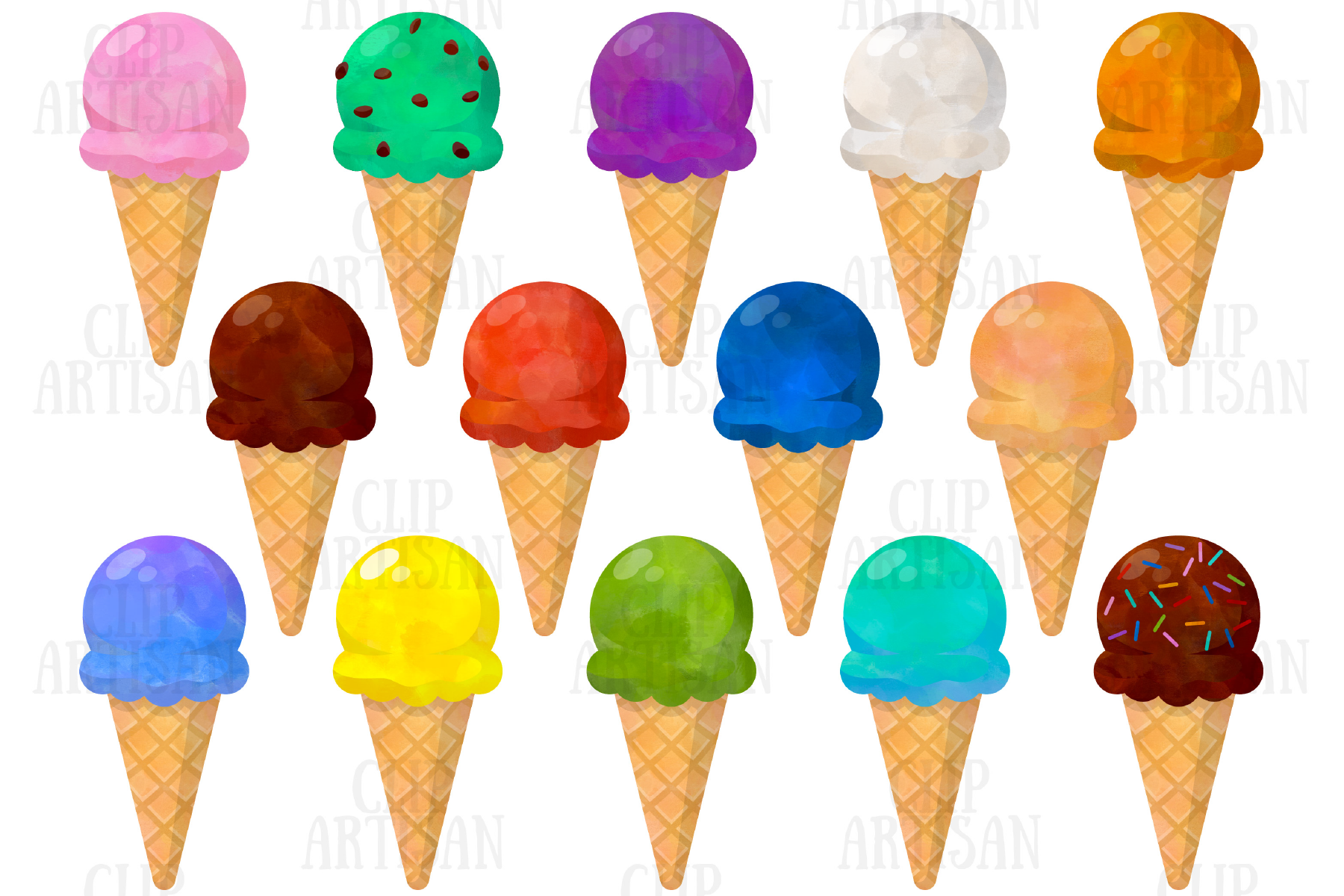 Watercolor Ice Cream Cones Clip Art