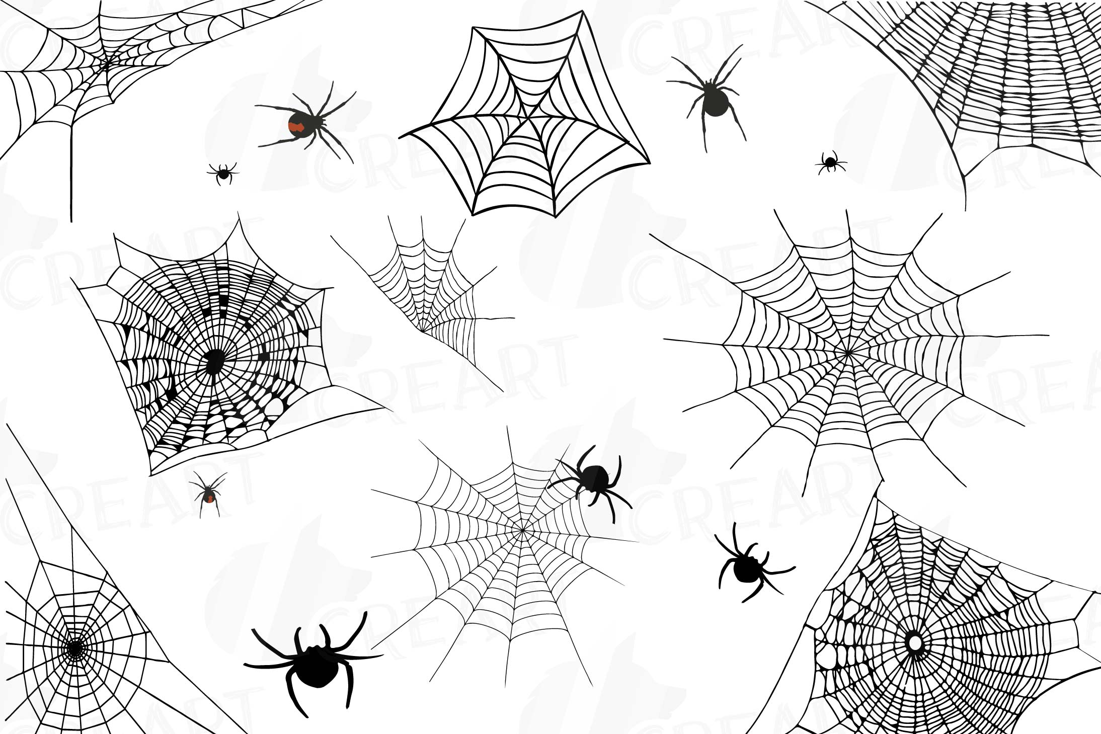 Spiders and Spider webs silhouettes clip art pack, Halloween