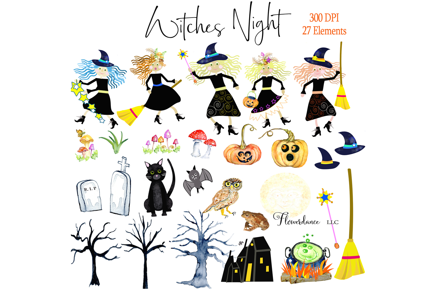 Halloween Witches Watercolor Clipart PNG