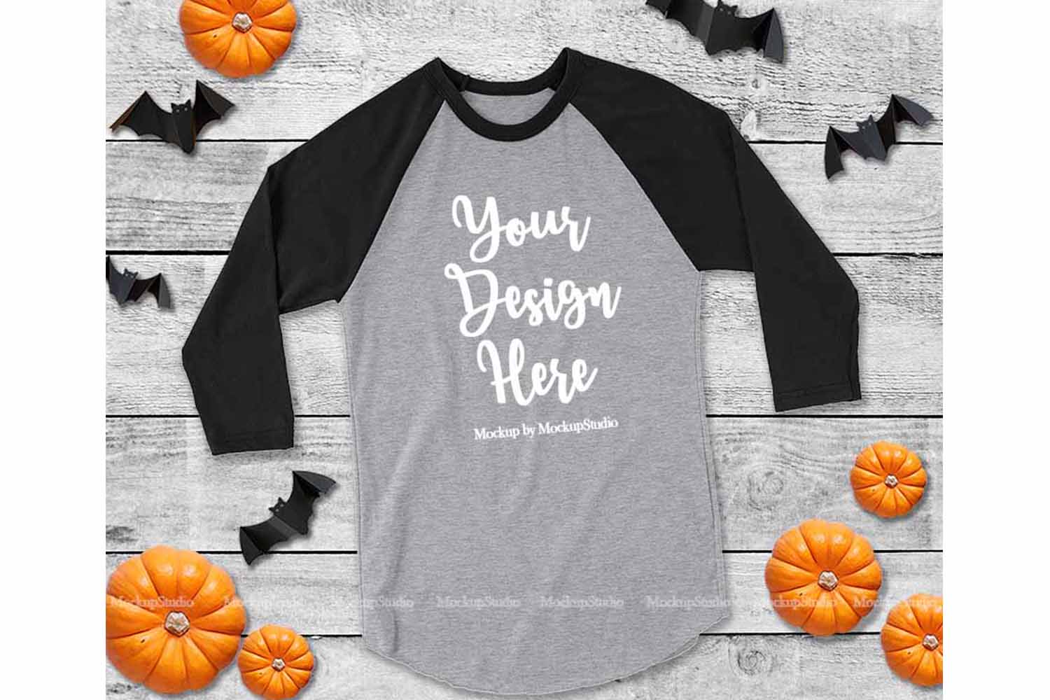 Download Fall Halloween Raglan Jersey Tshirt Black and Gray Mock Up (136794) | Mock Ups | Design Bundles