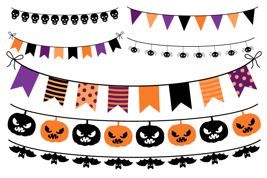 Halloween bunting clipart Orange purple flags banner skulls (139914