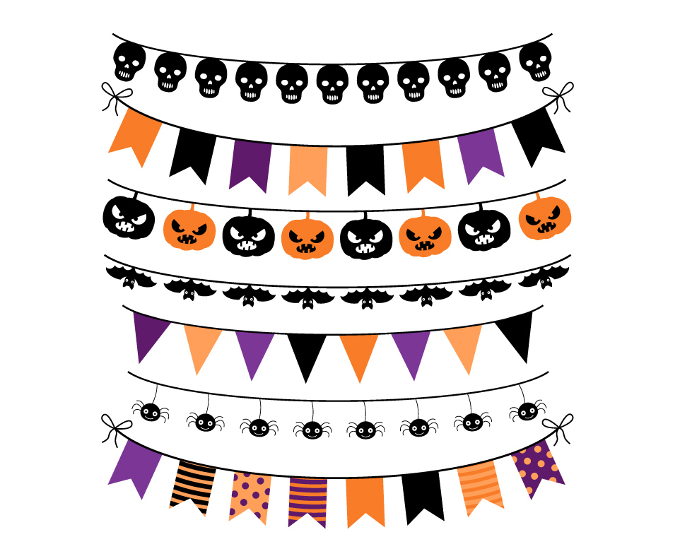 Halloween Bunting Clipart Orange Purple Flags Banner Skulls